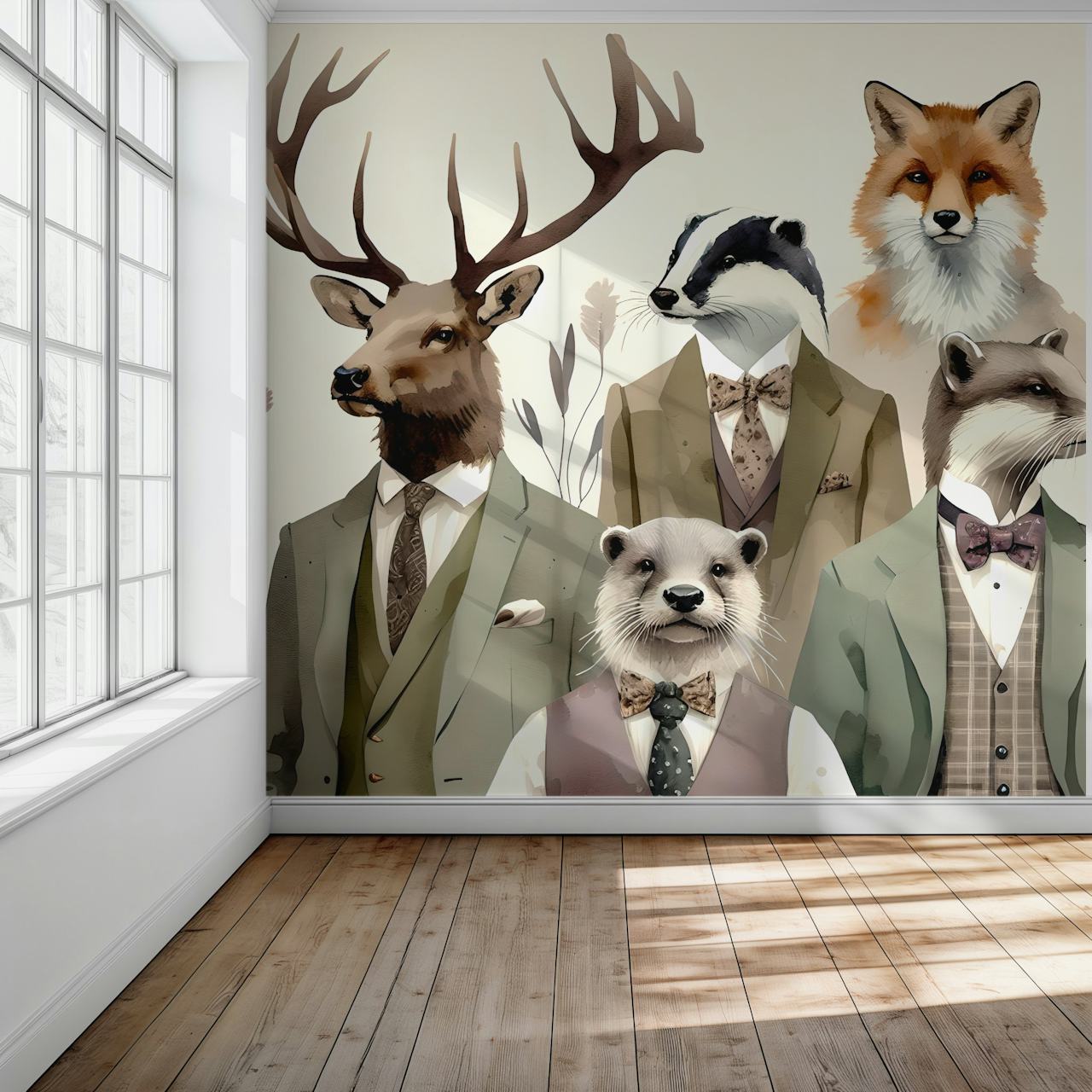 Illustrations of dapper animals in suits with floral details wallpaper