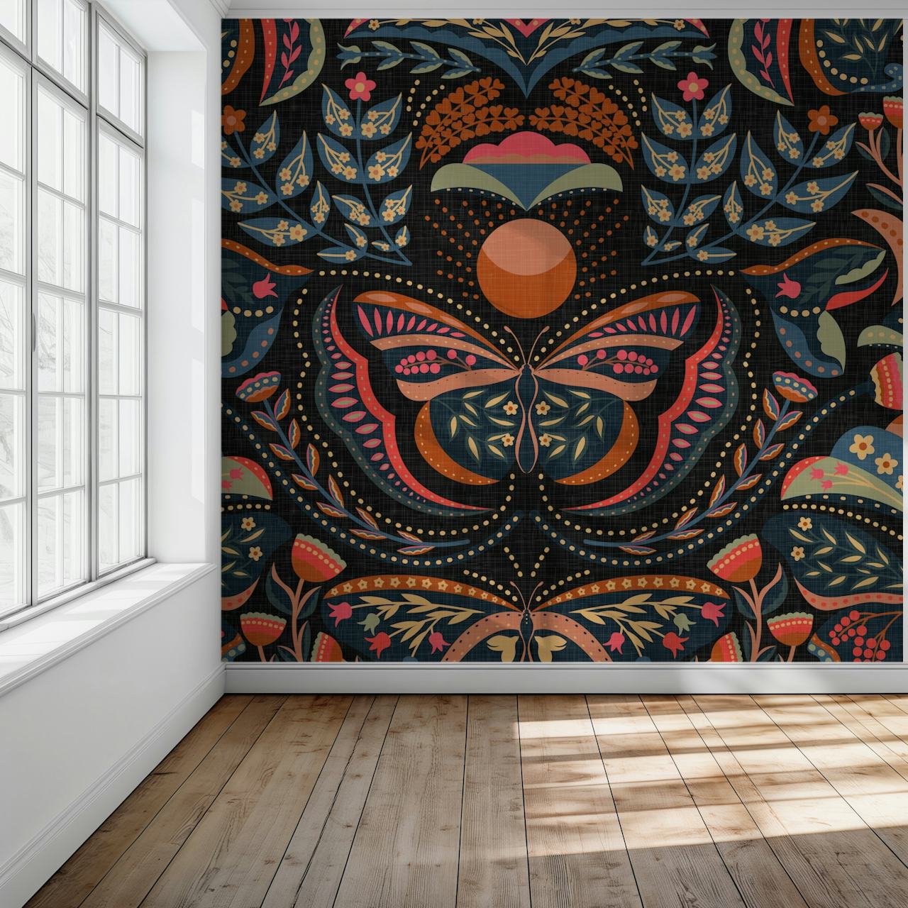 Bohemian butterflies and flowers wallpaper design
