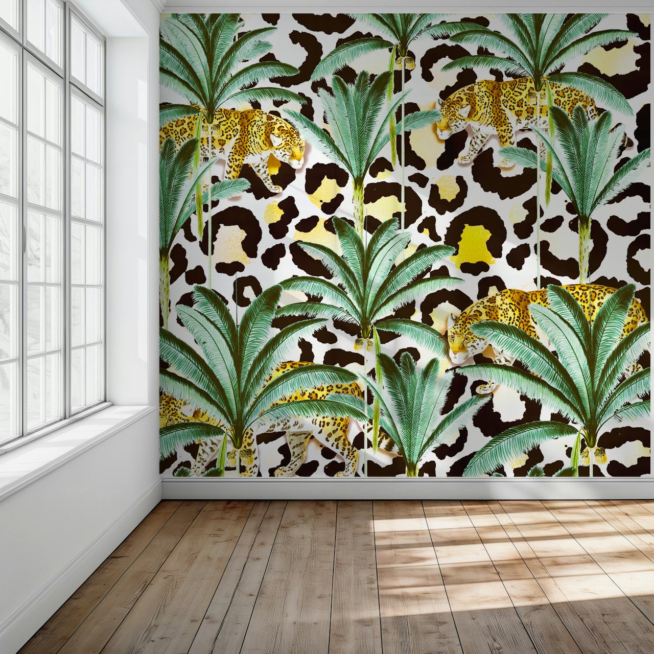 Papier peint Jungle Prowl avec imprimé léopard et feuilles de palmier