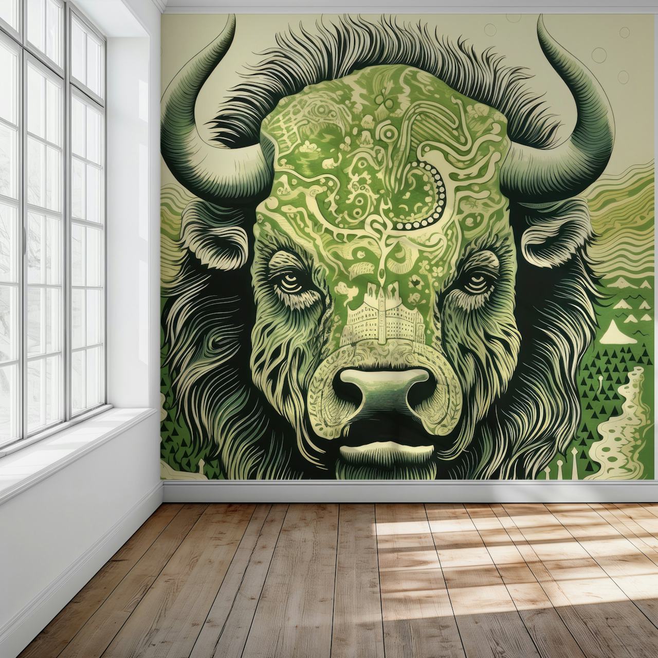 Papel de parede de bisonte verde em um quarto moderno