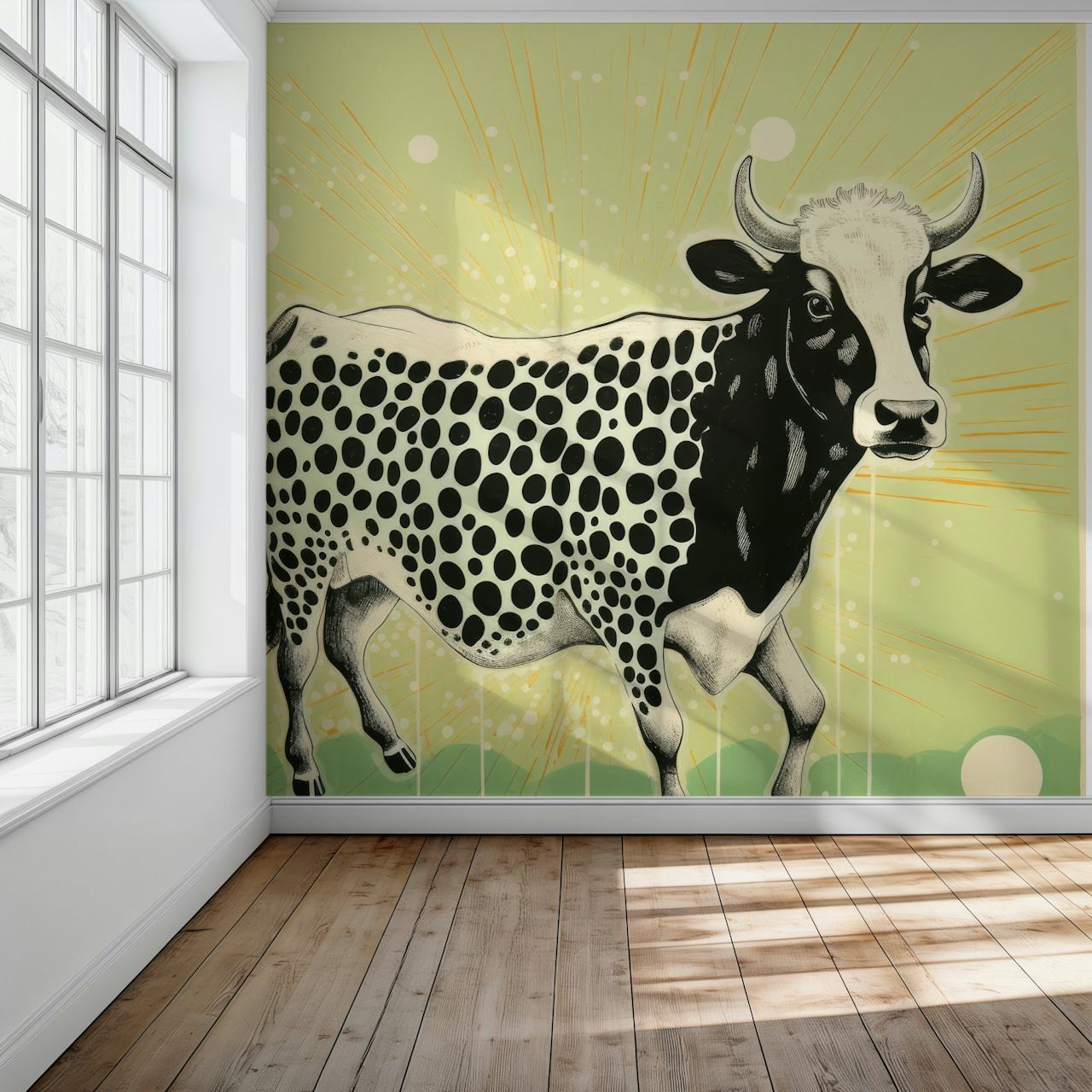 Green cow wallpaper in a styled room