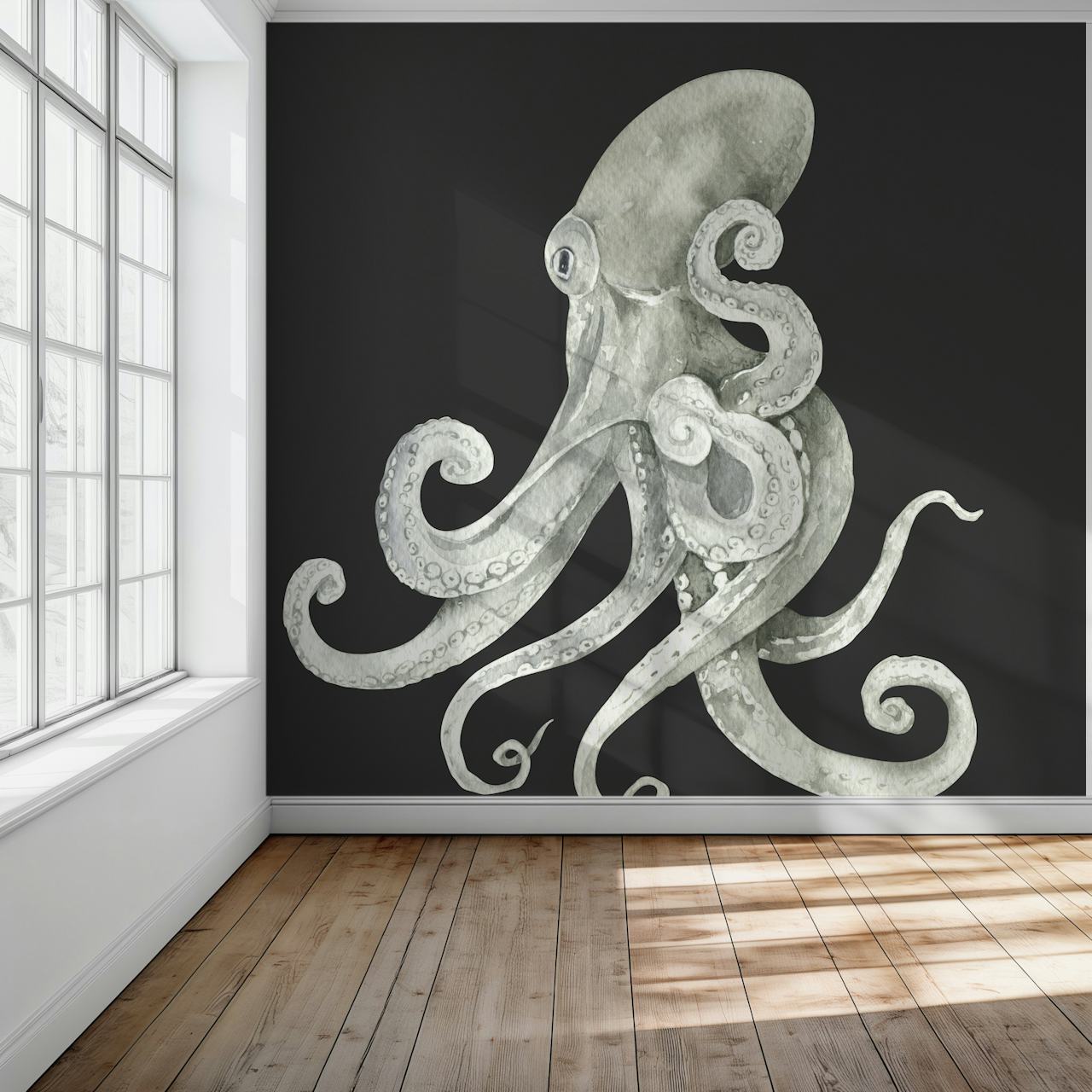 Realistic deep sea octopus design on a dark background wallpaper