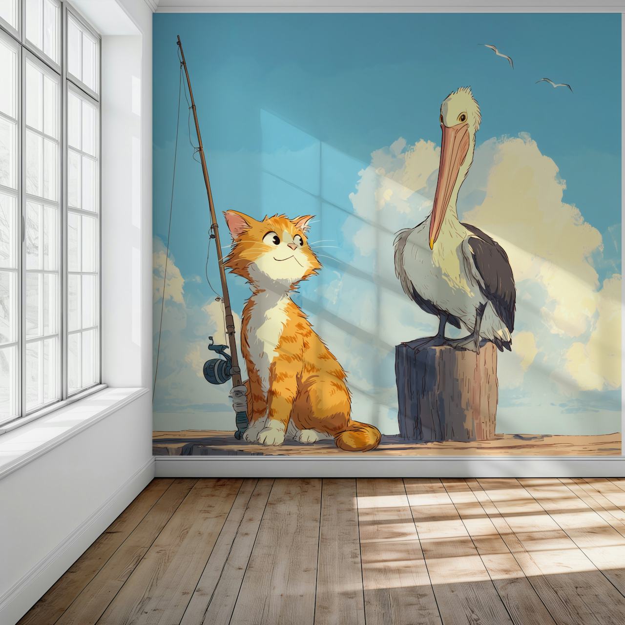Design de papier peint de chat et pélican dans la pièce
