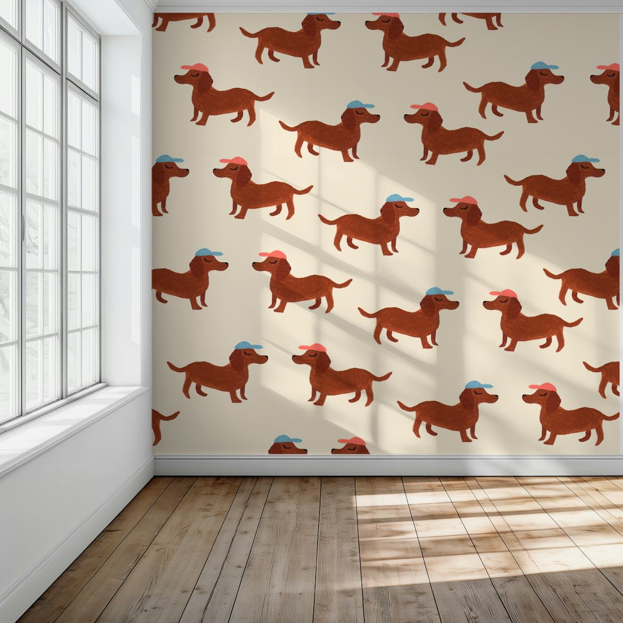 Dachshunds with hats carta da parati in una stanza