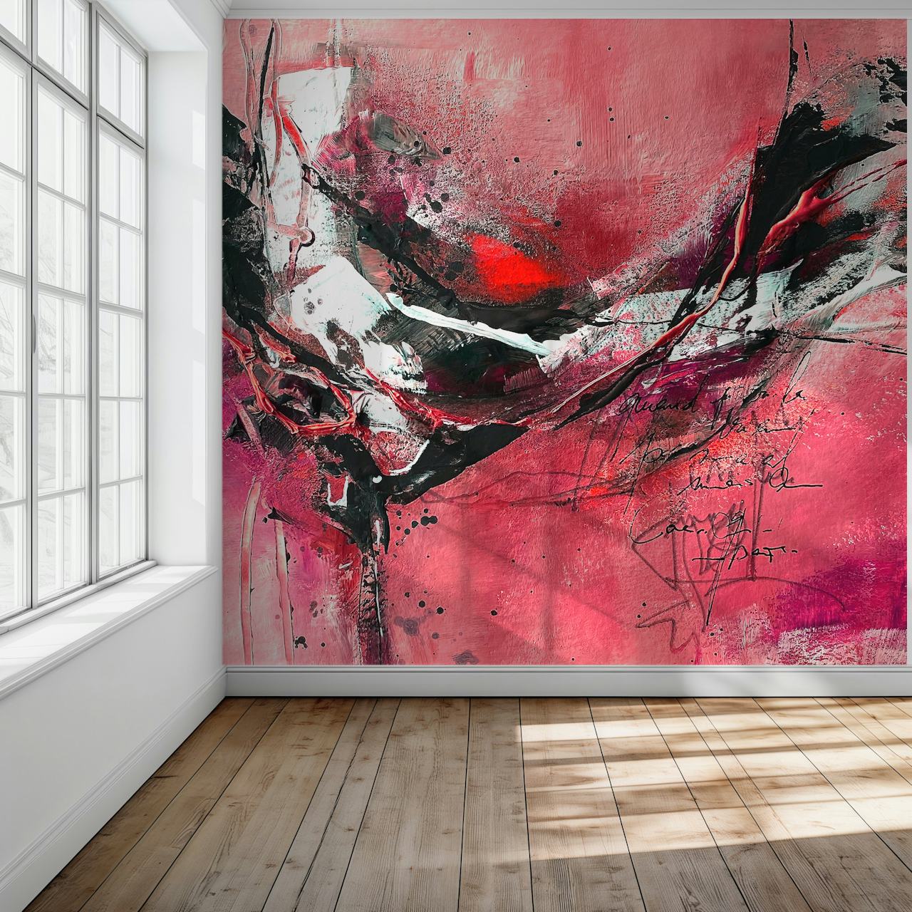 Abstract Art Red Passion -seinämaalaus dynaamisilla punaisilla, vaaleanpunaisilla ja mustilla viivoilla