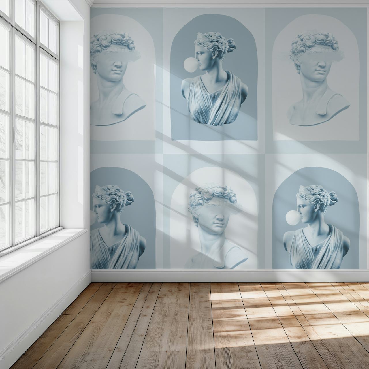 Blue David and Artemis wallpaper displayed in a room
