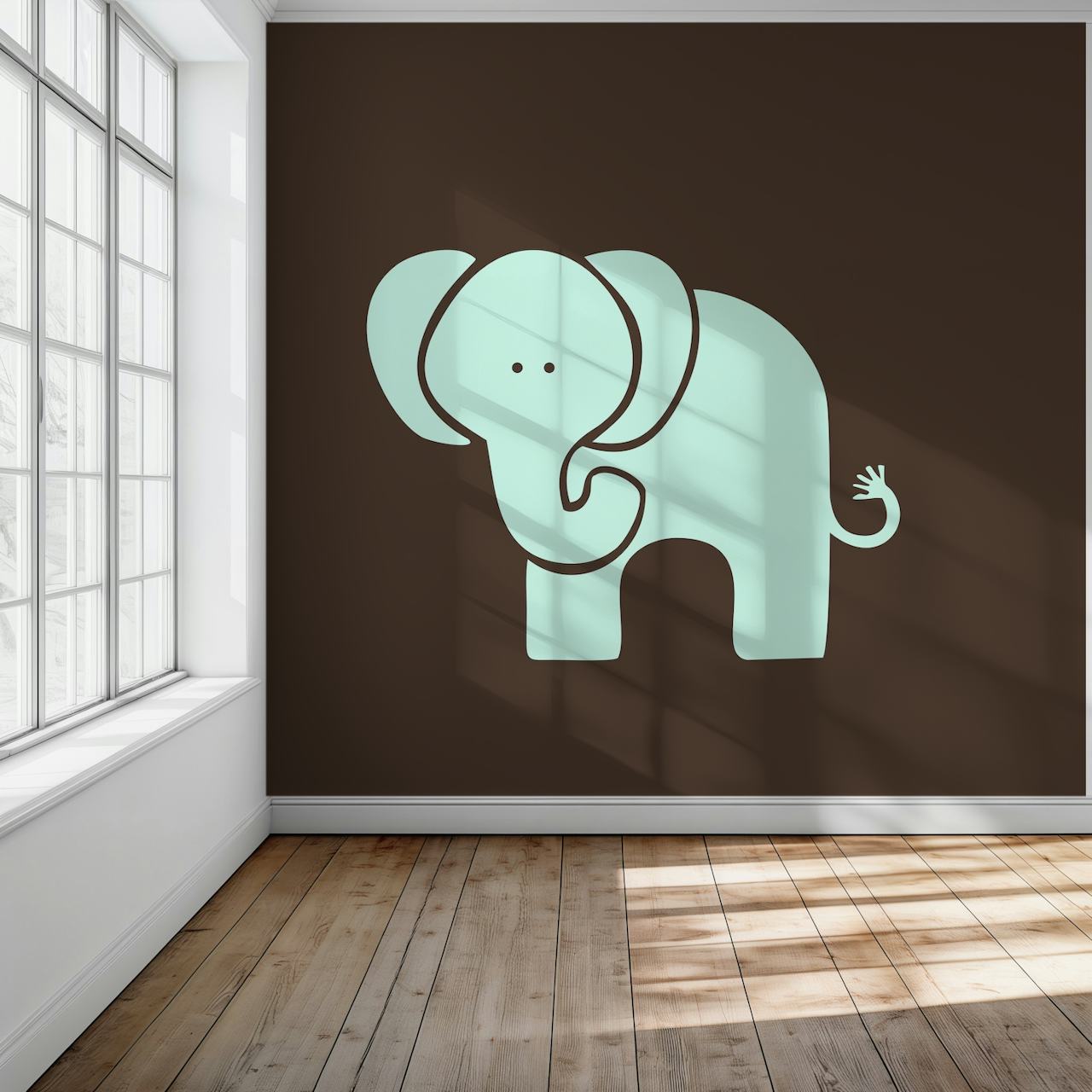 Mint colored elephant illustration on a brown background wallpaper
