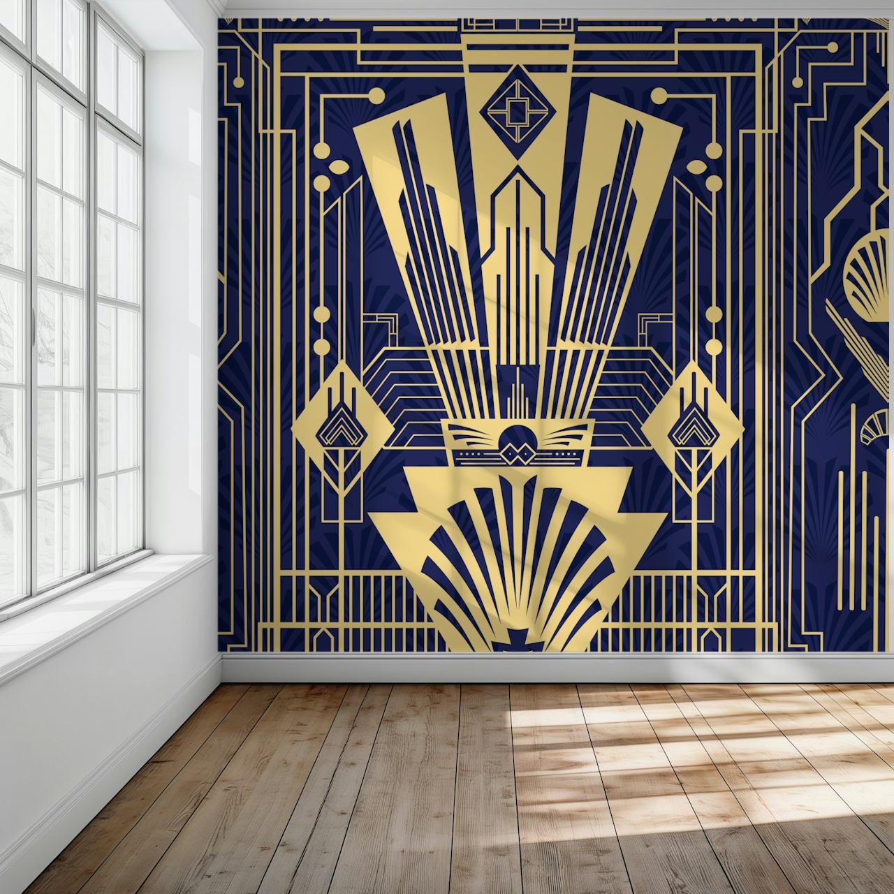 Navy background with gold geometric Art Deco wallpaper design