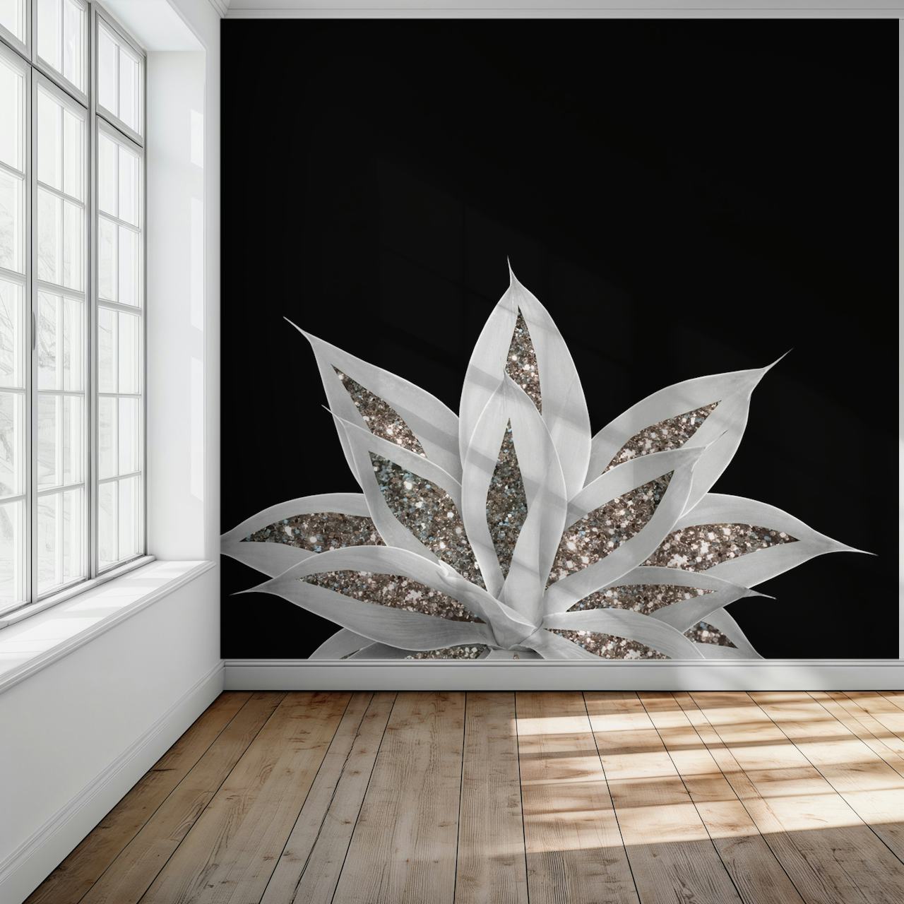 Gray Agave Silver Glitter Tapete in einem Raum