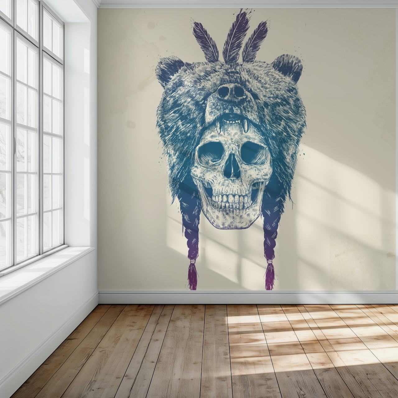 Bear skull wearing a bear head with feathers, colorful artistic wallpaper