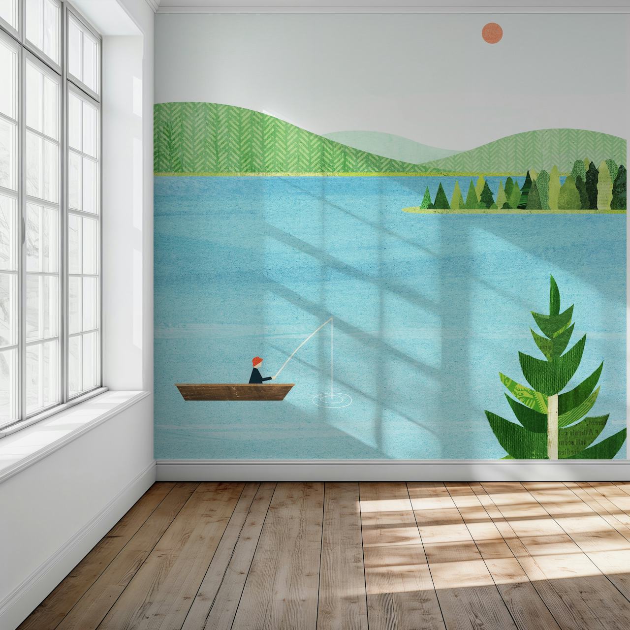 Illustrated wall mural of a person fishing on a calm lake with rolling hills and pine trees