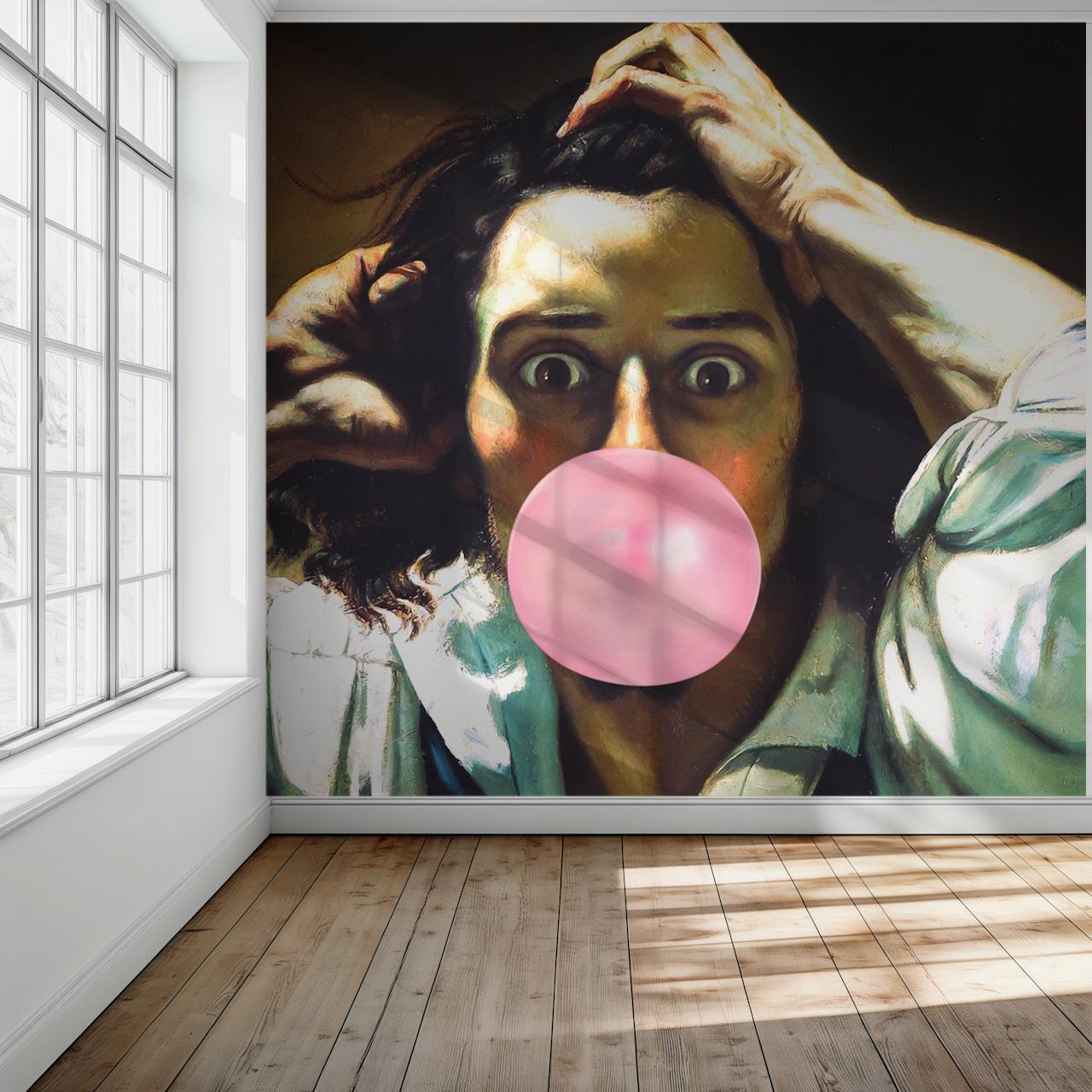 Dramatic figure with shocked expression blowing pink bubble gum wallpaper
