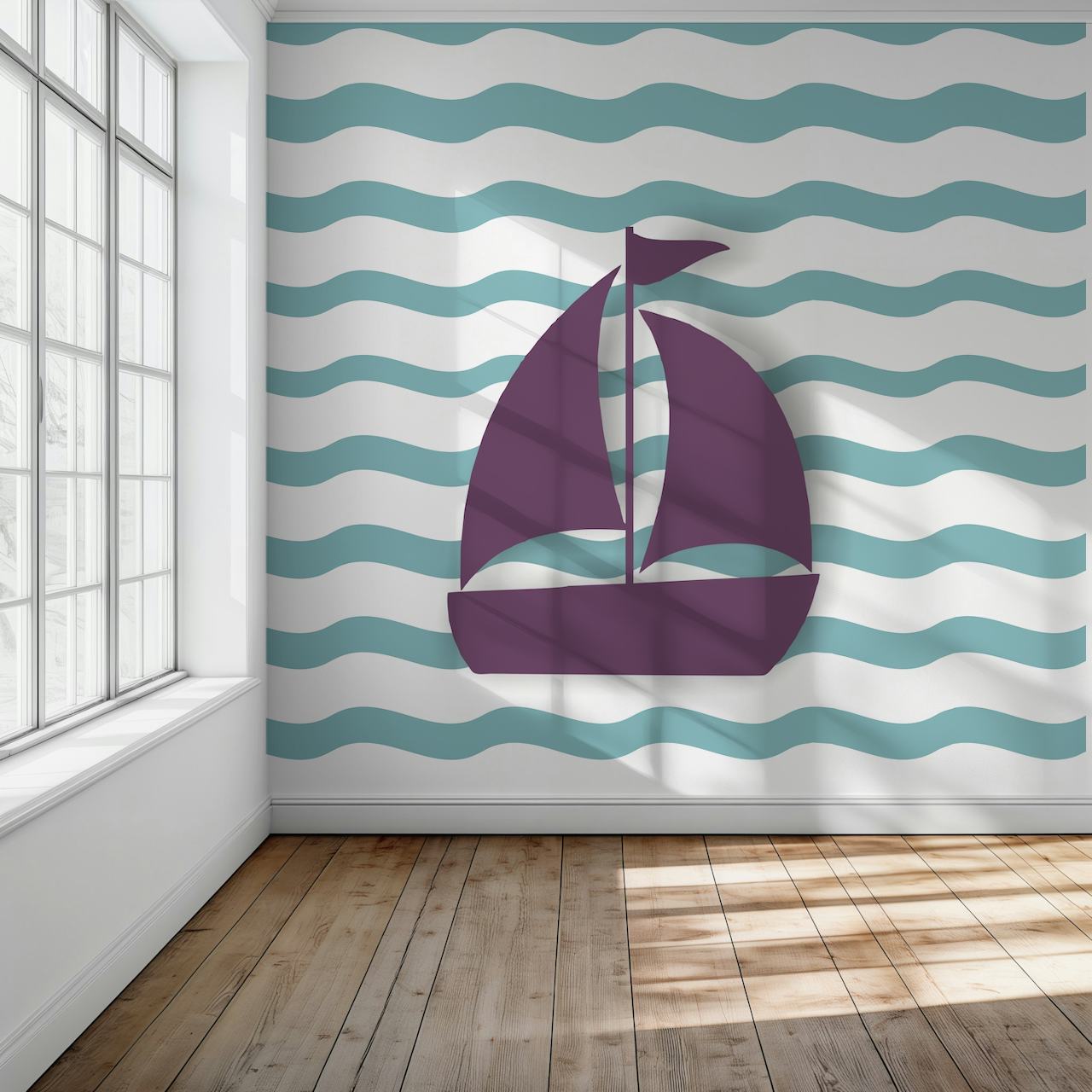 Een violette zeilboot op pastelblauwgroene golven muurschildering