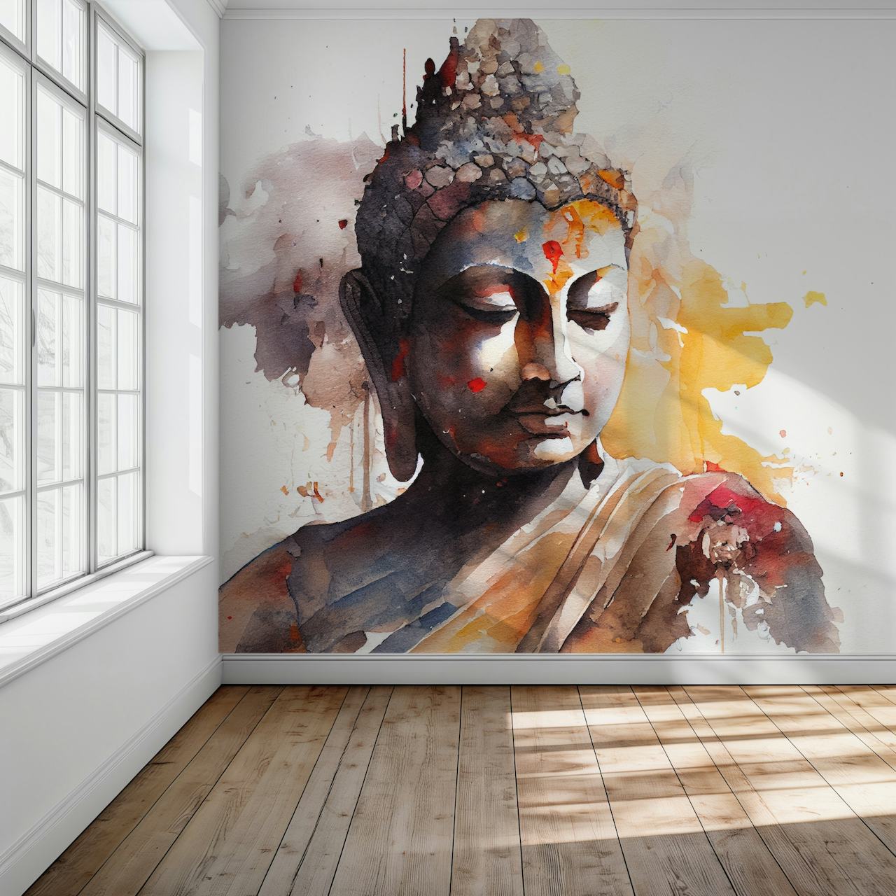 Watercolor Buddha painting with golden and gray tones wall mural.