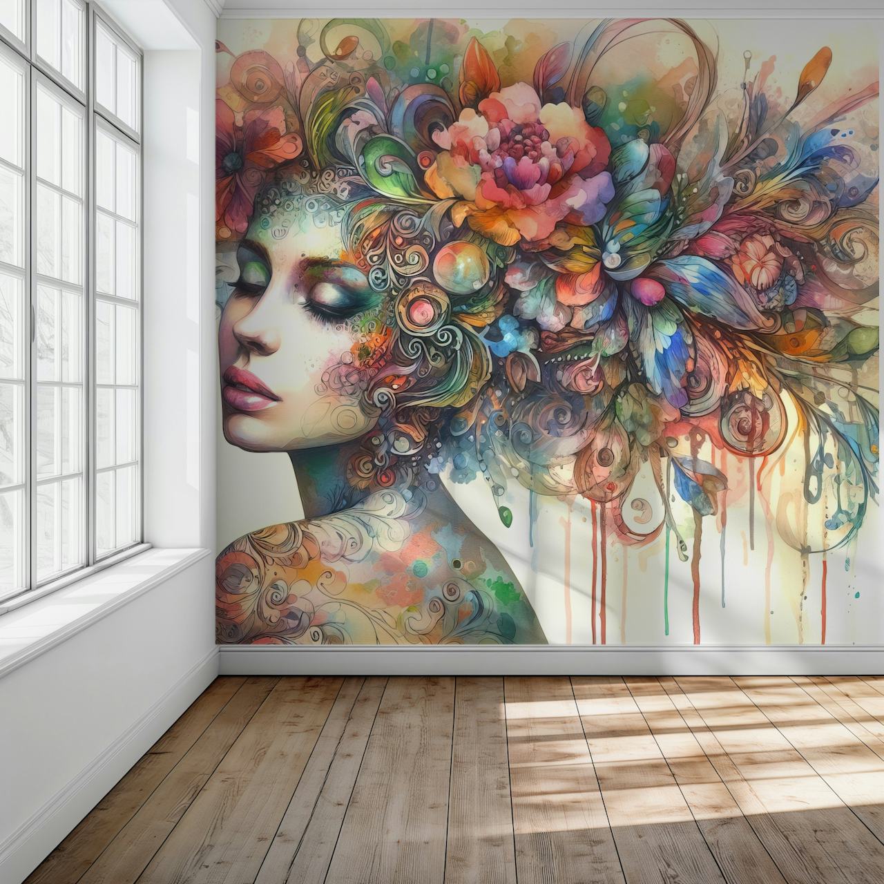 Kunstnerisk akvarellveggmaleri av en kvinne omgitt av blomsterdesign