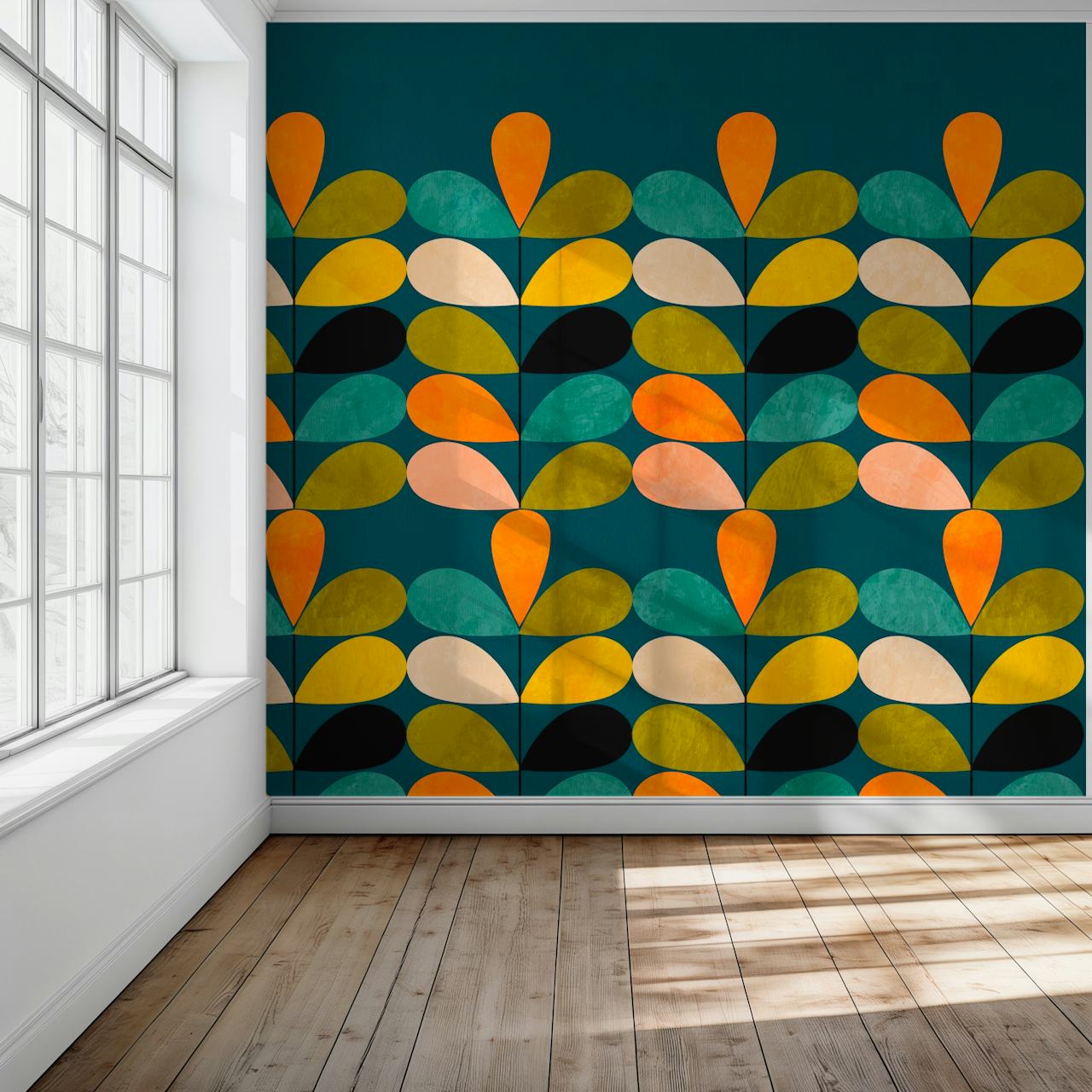 Mid mod colorful leaves on teal in un ambiente di stanza