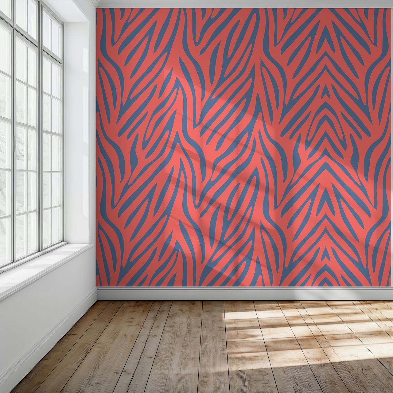Coral and navy blue animal pattern papel de parede em um quarto