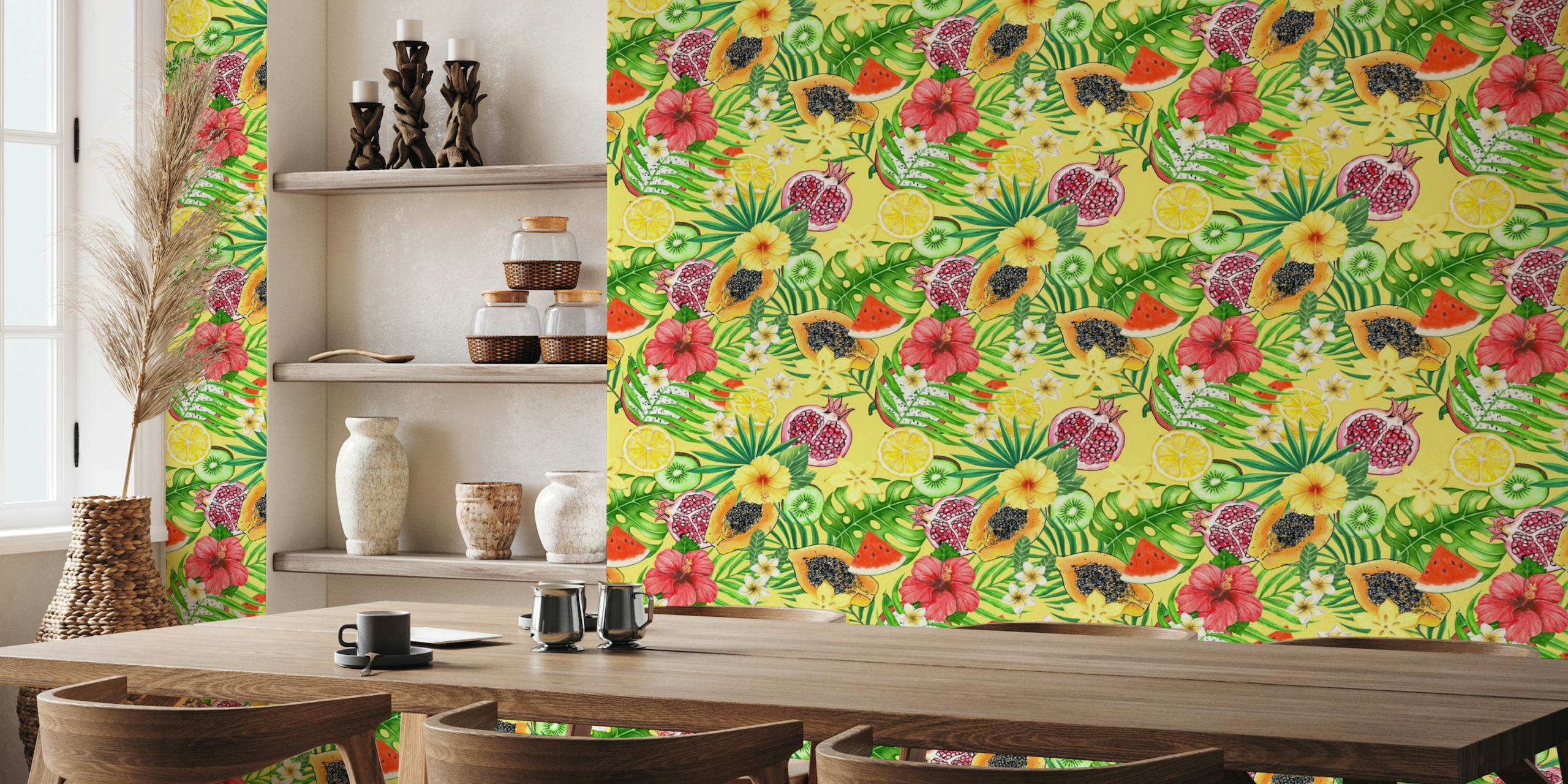 Tropical mix-fruit, flowers and leaves on yellow papel de parede