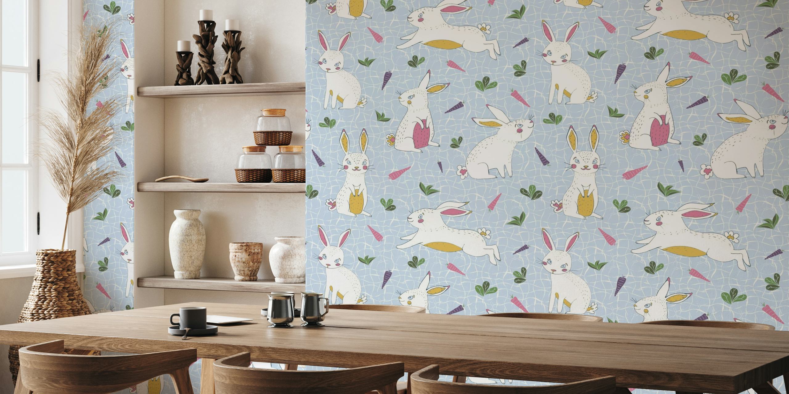 Happy bunnies playing and eating in nature papel de parede