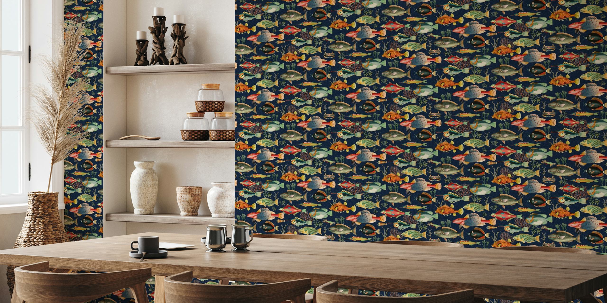 fotomural vinílico de parede com padrão de peixe submarino em esquema de cores marinho escuro