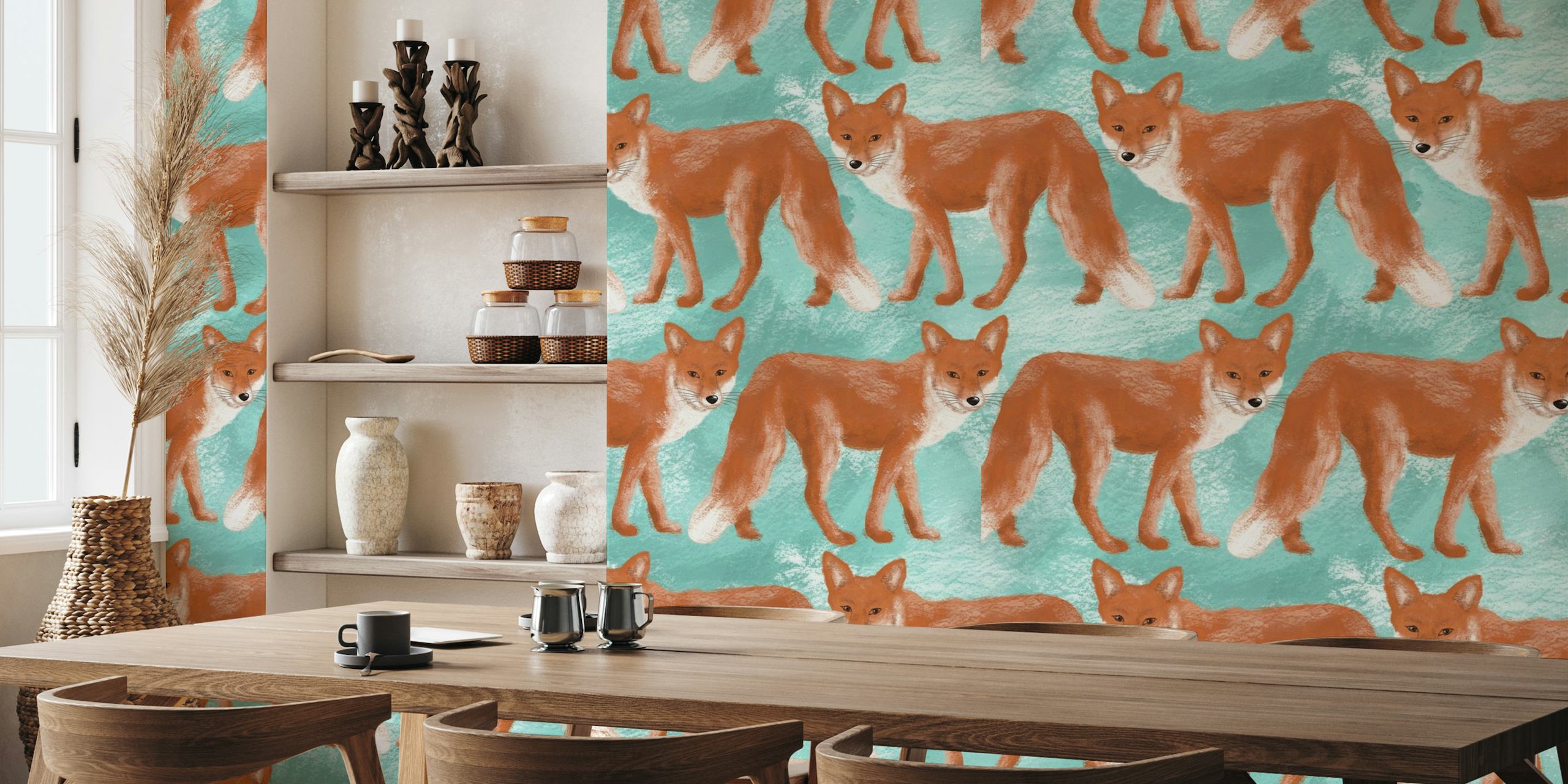 Foxes Pattern Gouache Blue 1 papiers peint