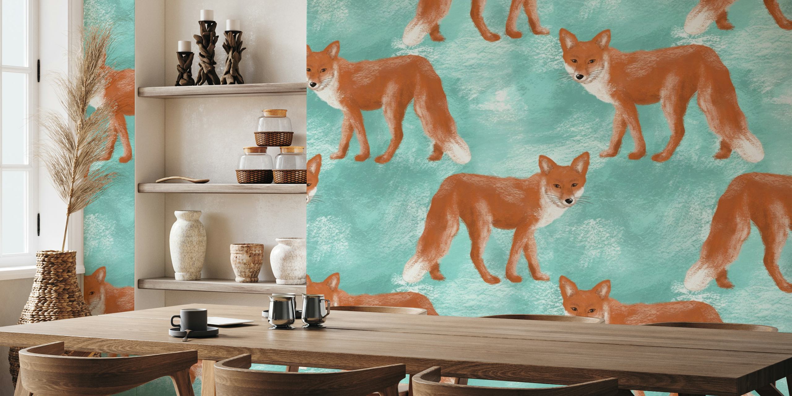 Foxes Pattern Gouache Blue 2 behang