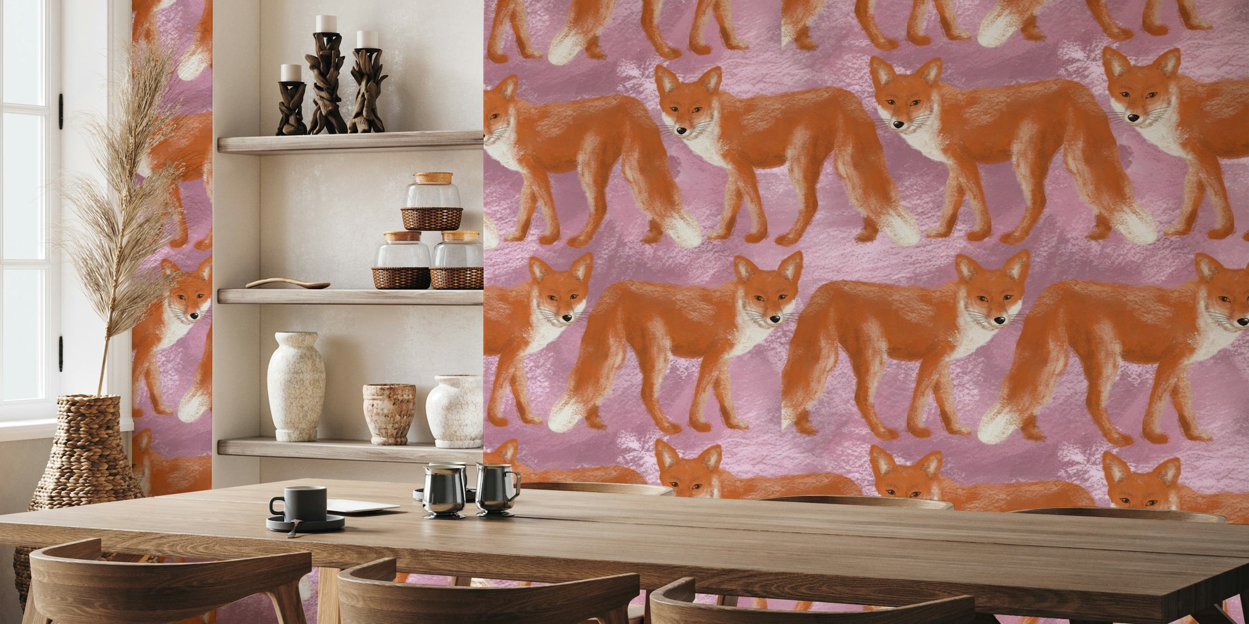 Foxes Pattern Gouache Pink 1 papel pintado