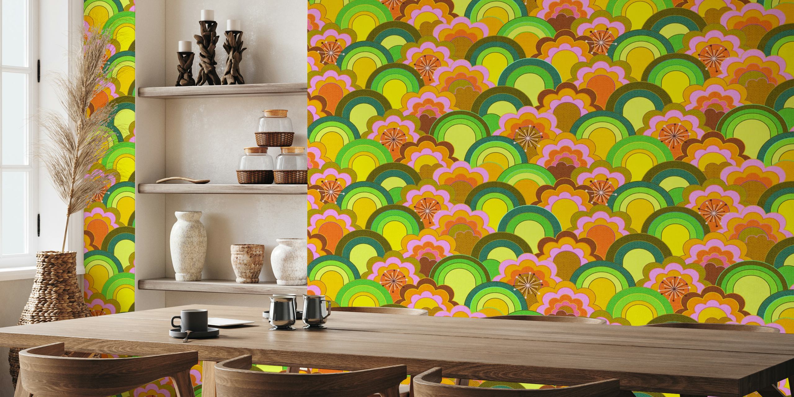 Kleurrijke, op de jaren 70 geïnspireerde muurschildering met regenboogbloemen en een gestructureerd uiterlijk