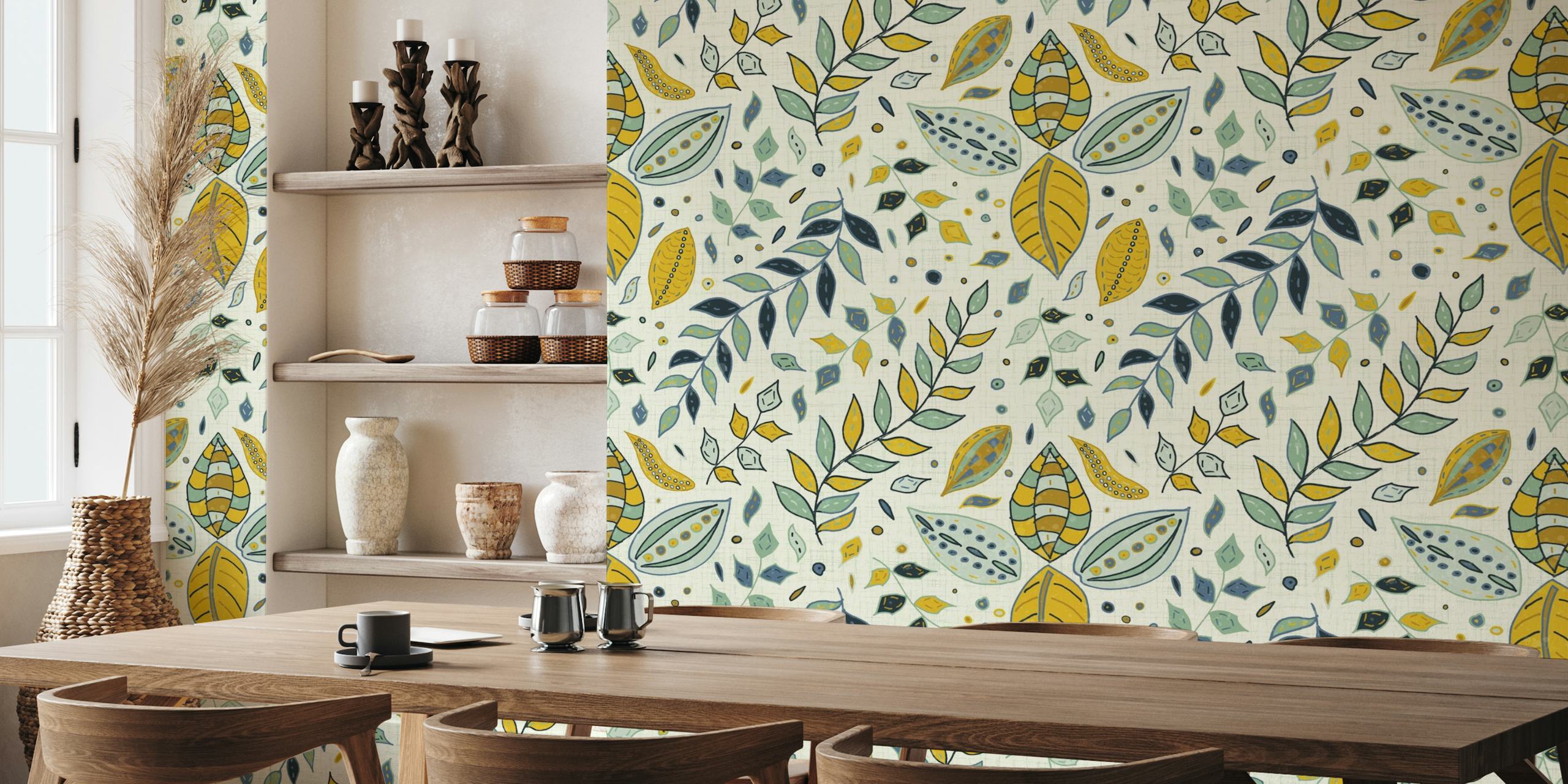 Maximalist Scandinavian Floral Pattern Teal Yellow wallpaper