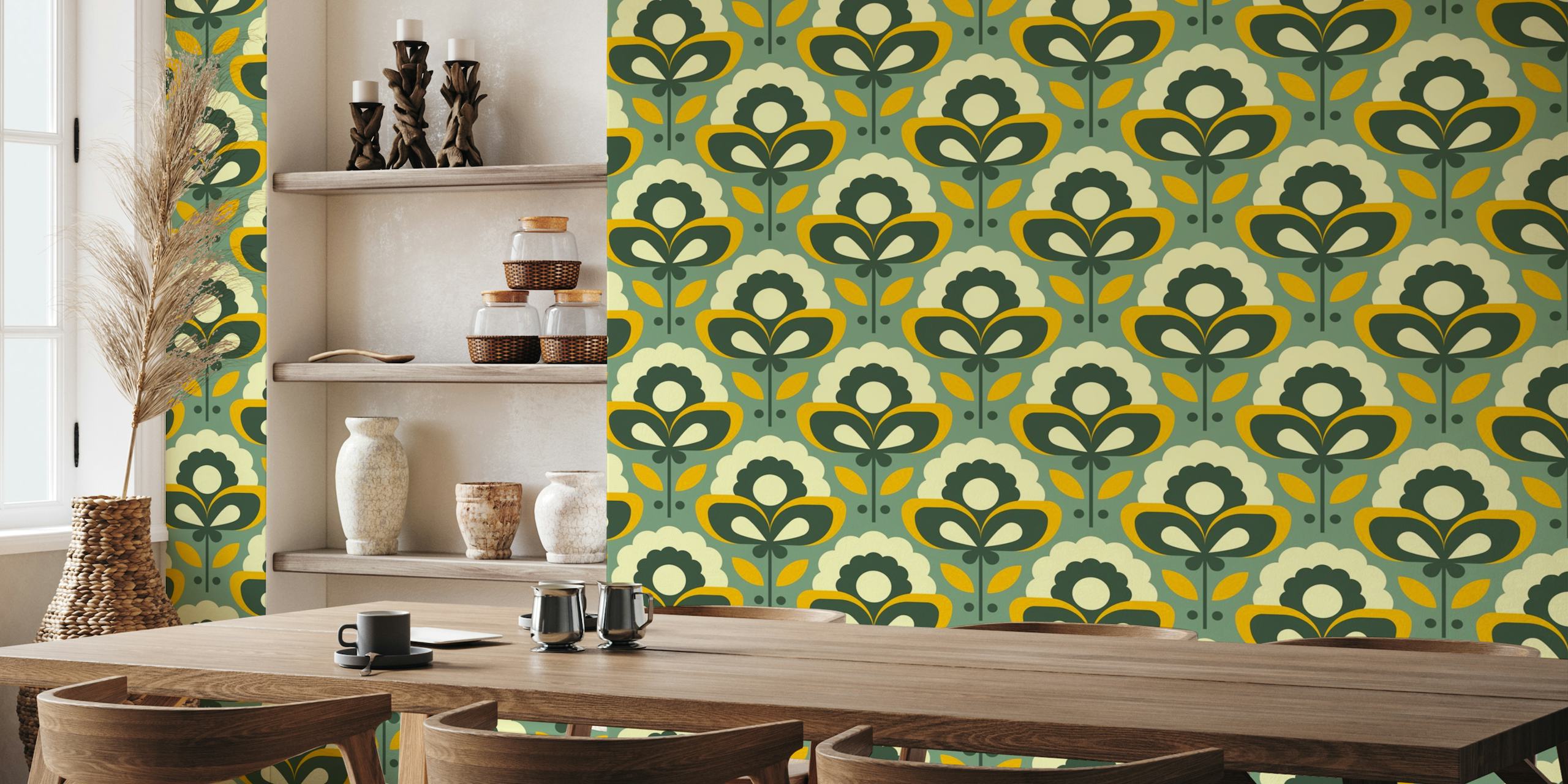 Retro daisies pattern / yellow sage green (2709 D) papel de parede