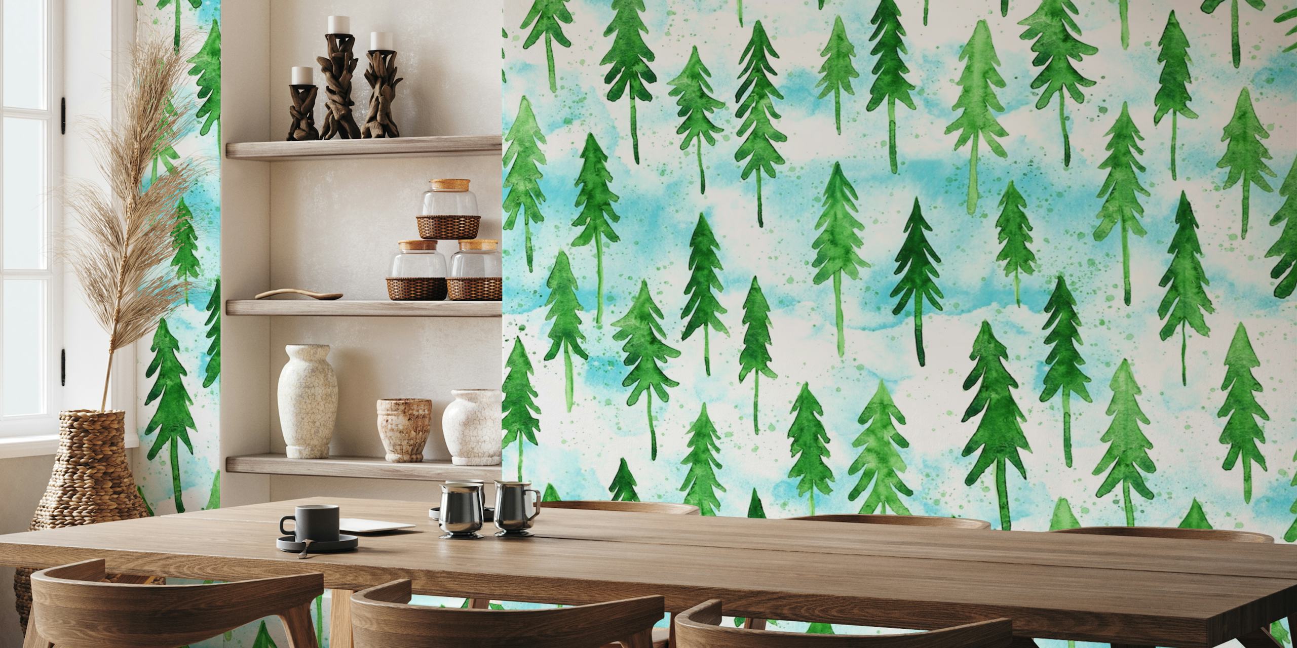 Fotomural con estampado de pino en acuarela de Happywall en tonos verdes y azules.