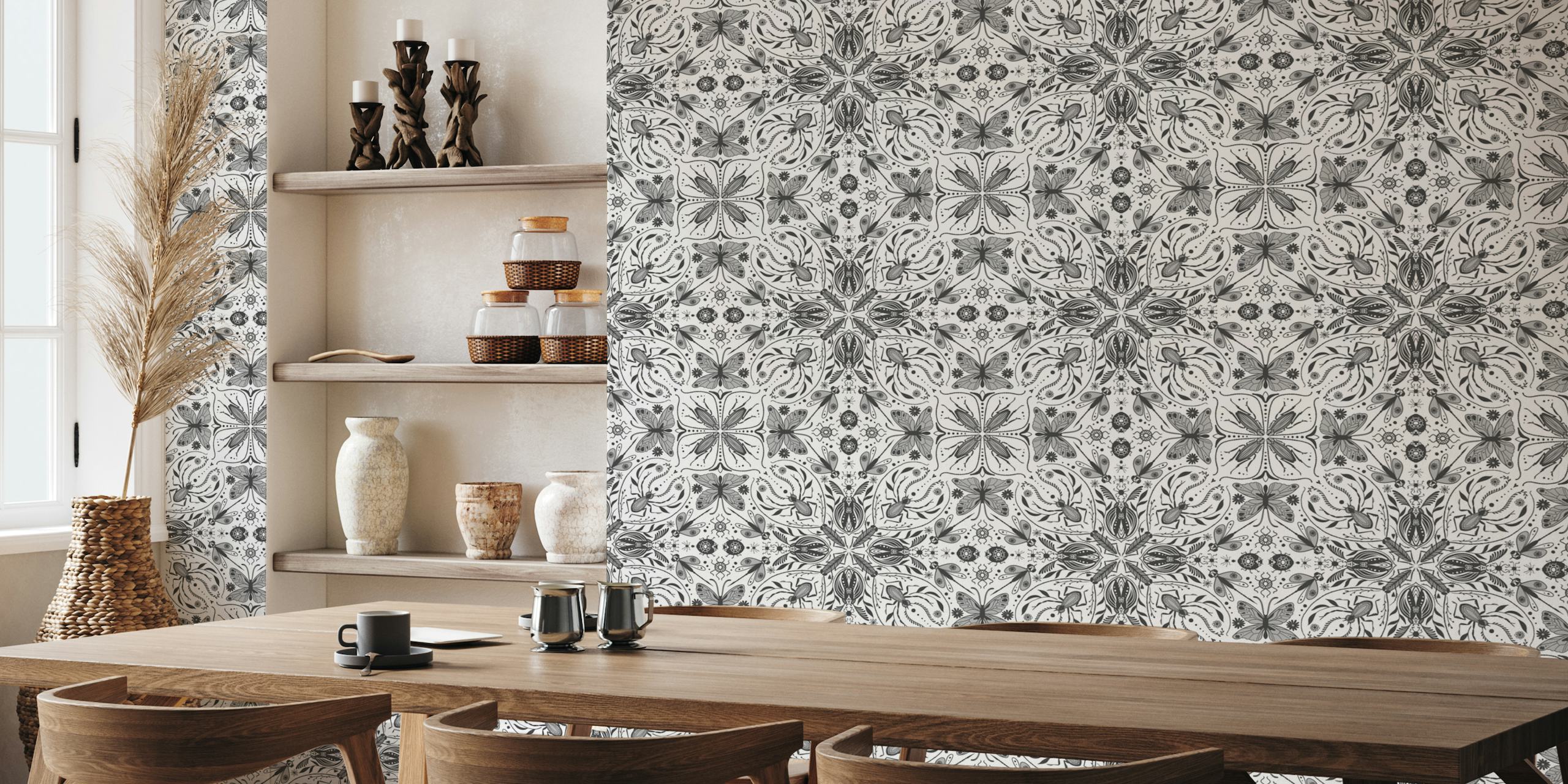 Symmetrical monochrome gray bugs and floral pattern wall mural