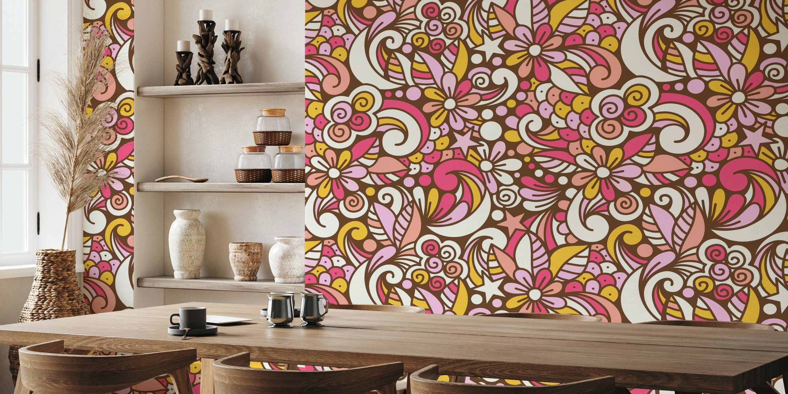 Red - brown groovy floral retro doodle (2753F) papel de parede