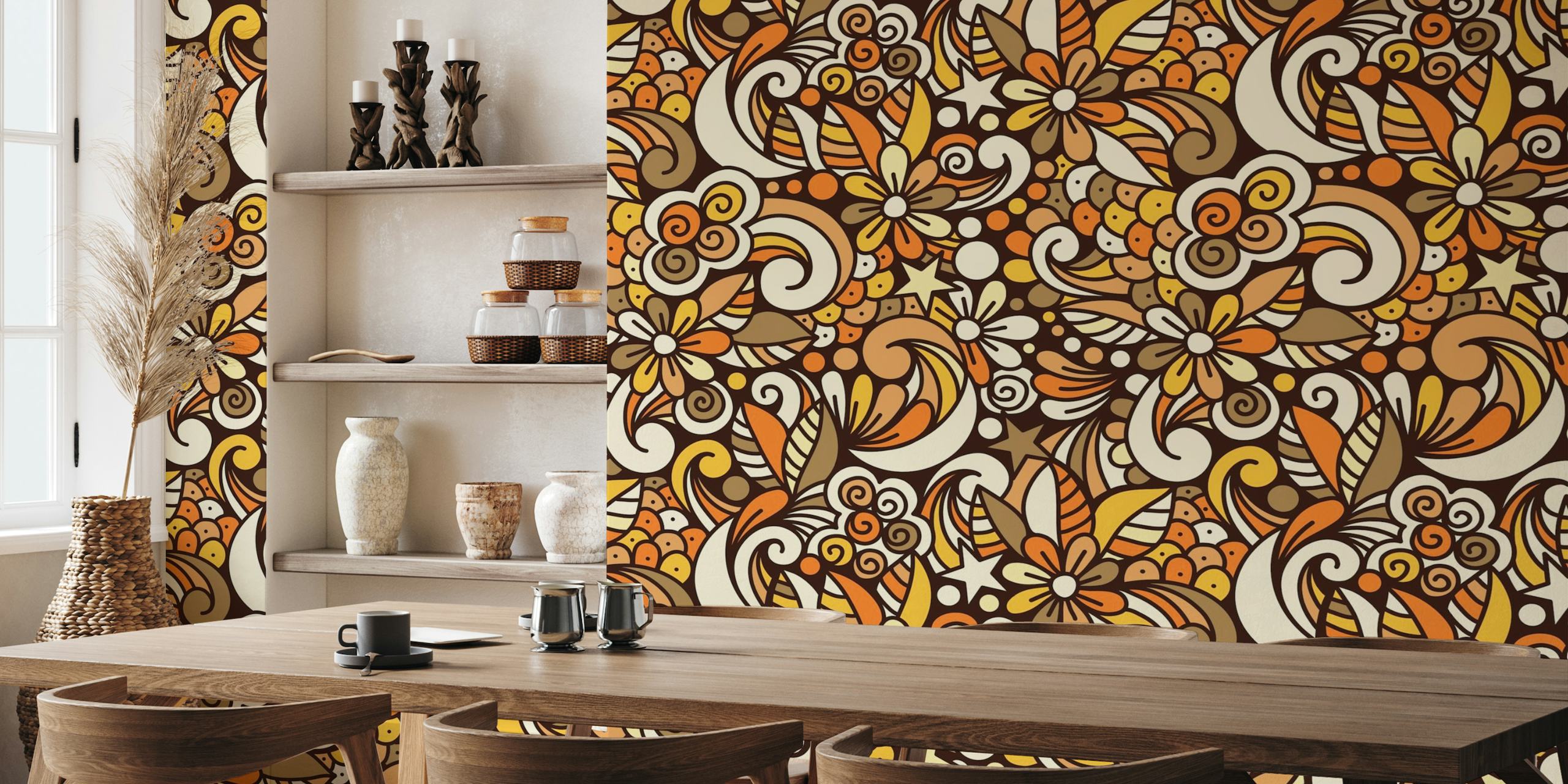 Groovy floral retro doodle, yellow - brown (2753G) behang