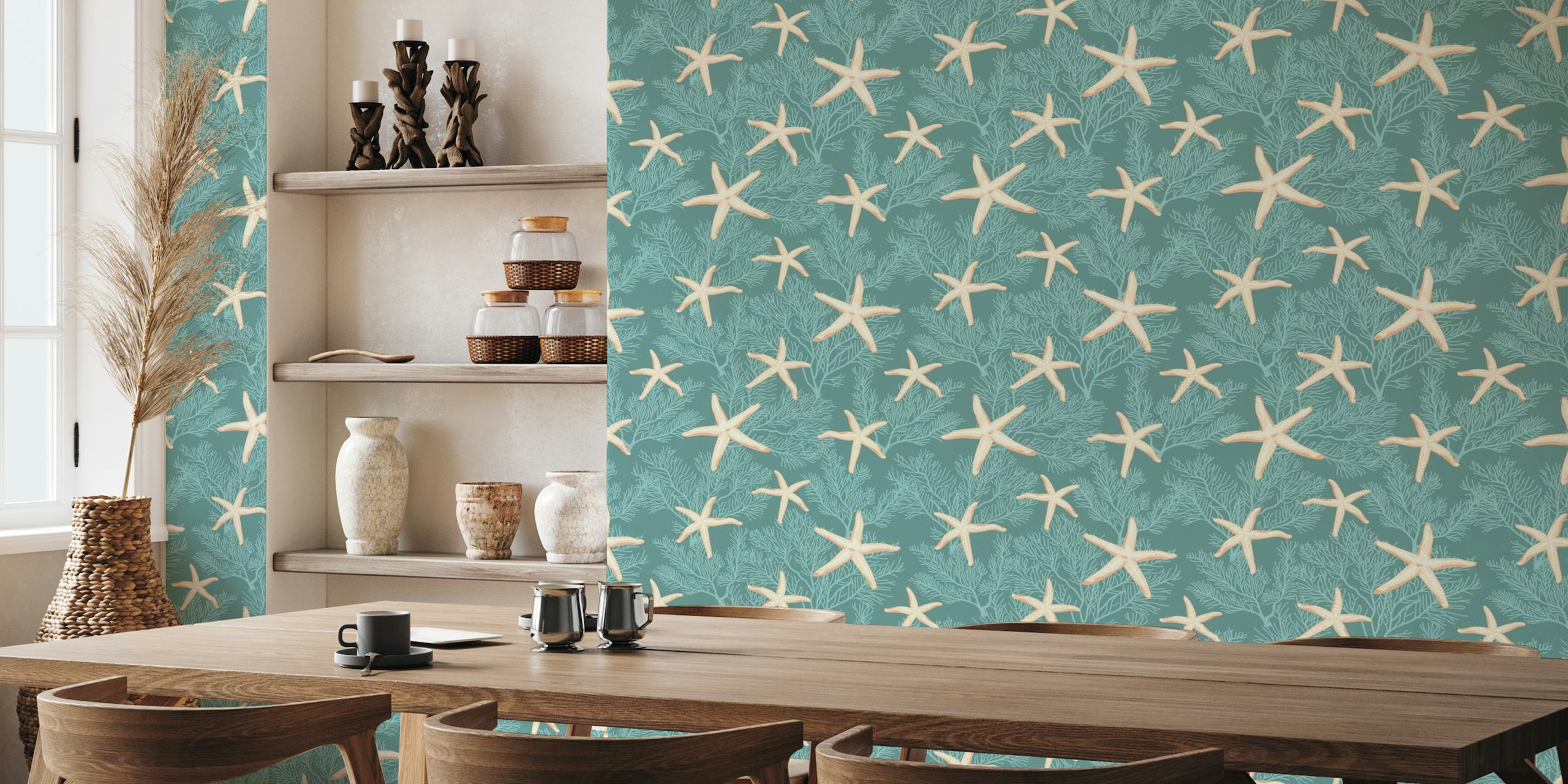 Light starfishes pattern on opal green background wall mural