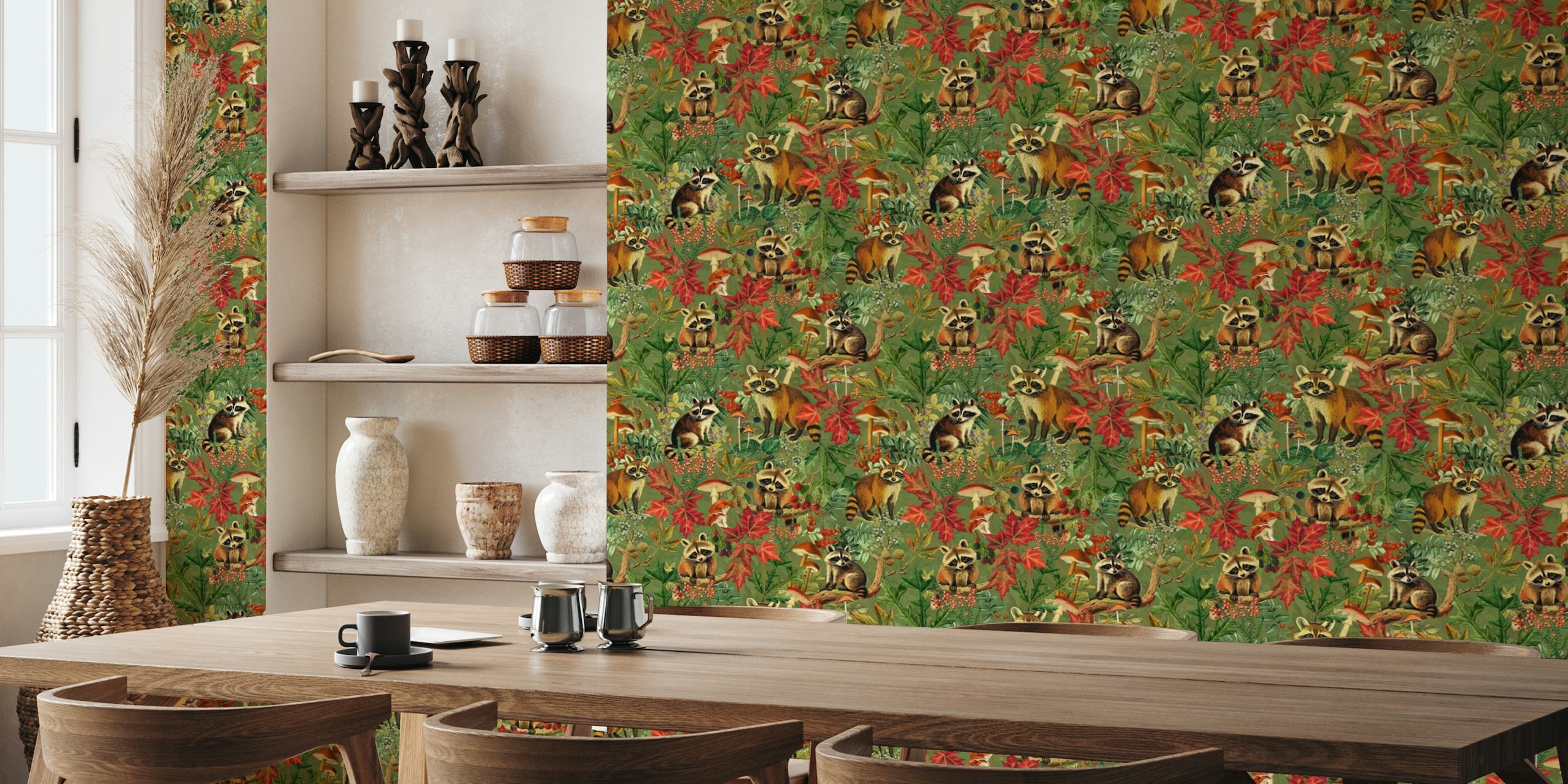 Raccoons in a forest with autumn leaves wall mural