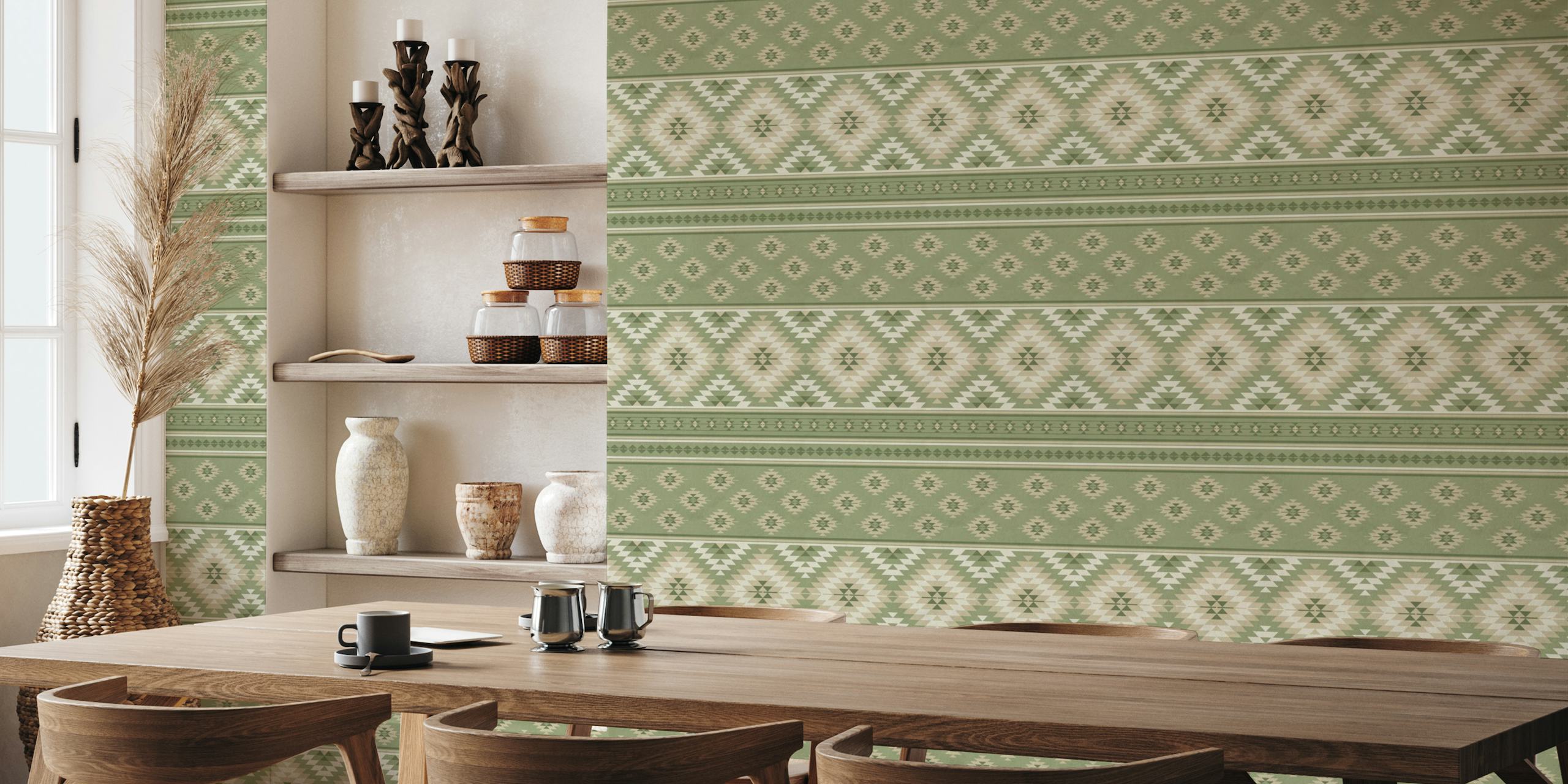 Kilim Stripes seinämaalaus oliivisalviavihreänä ja beigenä geometrisilla kuvioilla