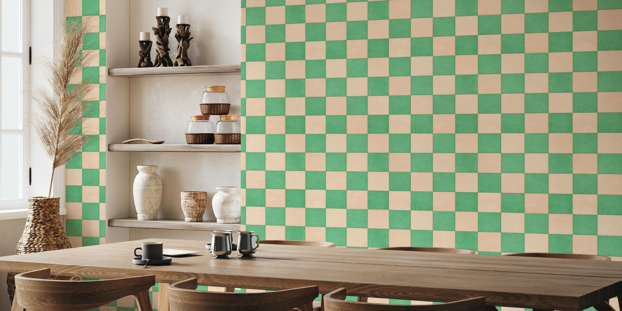 TILES 002 A - Checkerboard pattern wall mural in soft green and blush pink