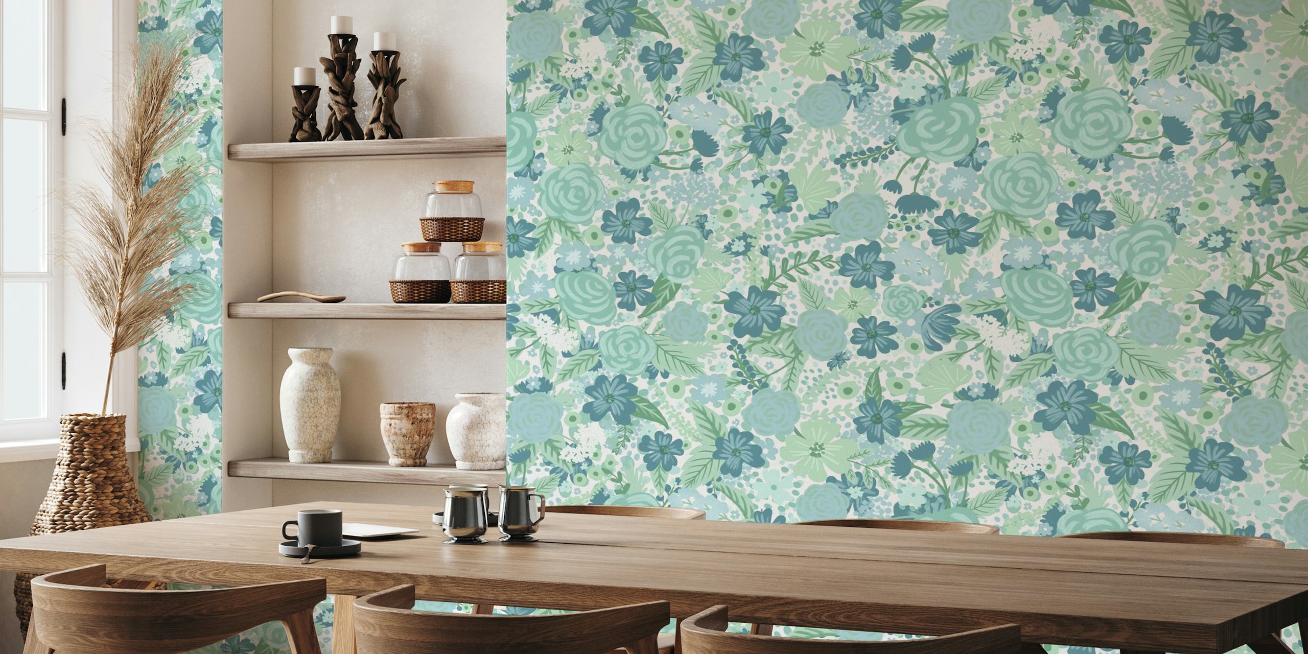 Ethereal blue and green floral wall mural pattern
