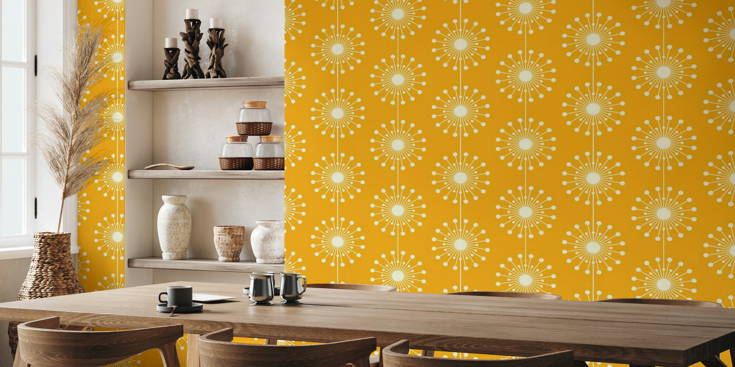 Midcentury modern dandelion pattern wall mural with a bright yellow background and white floral designs
