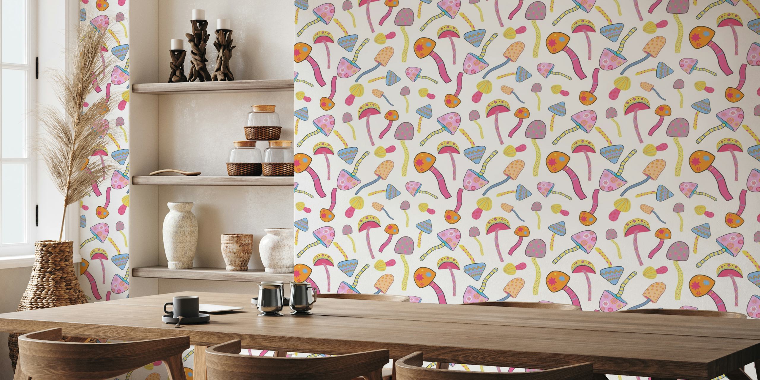 Colorful and patterned mushrooms on white background wall mural