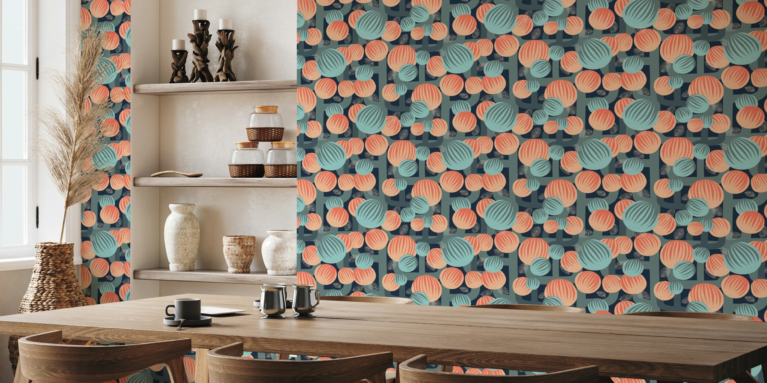 Retro popart flowers coral and turquoise wallpaper