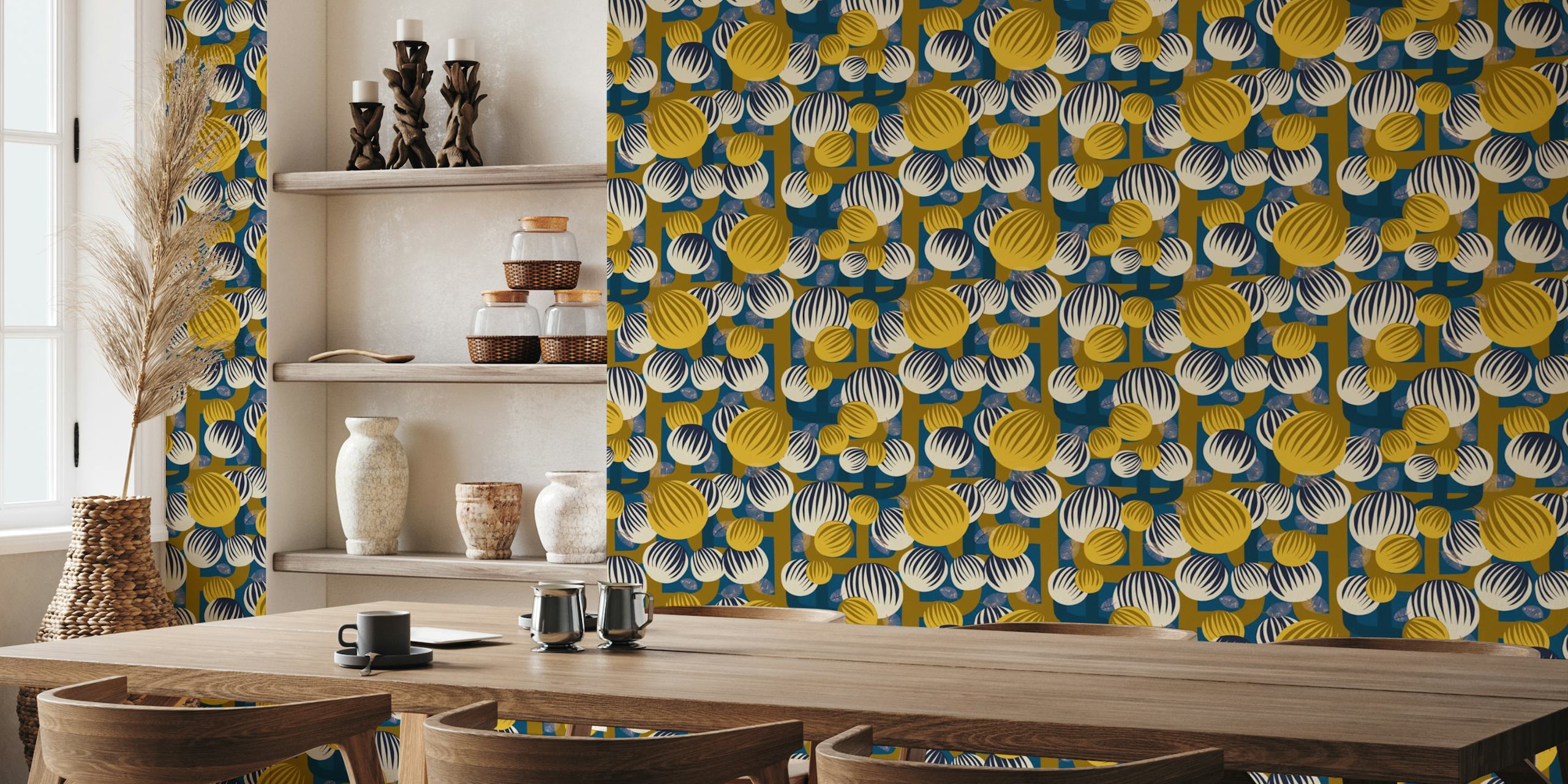 Retro-styled pop art bubble flowers in gold, cream, and navy colors on a wall mural