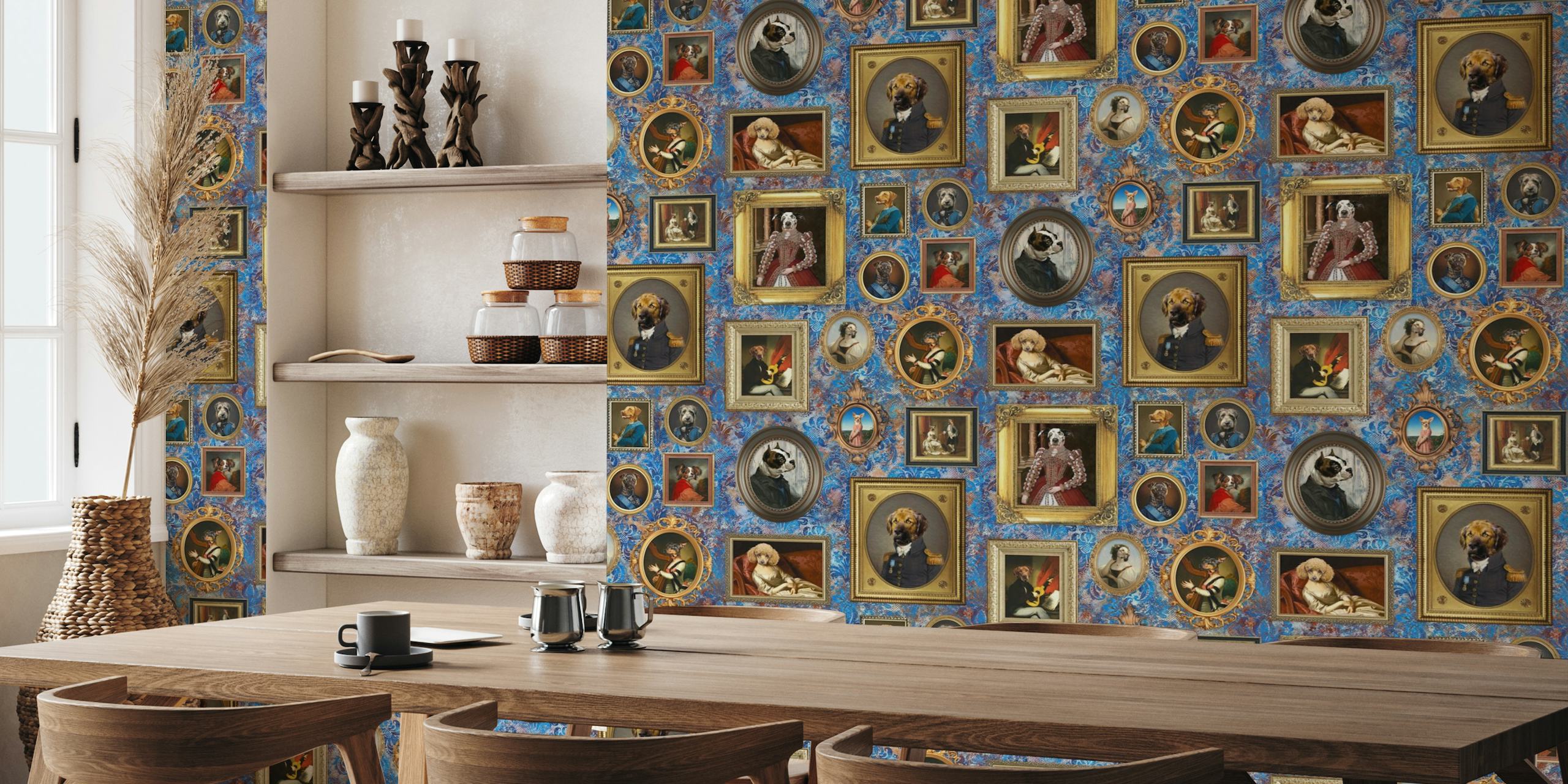 Elegantni portreti pasa u zlatnim okvirima na kobaltno plavoj pozadinskoj zidnoj tazici s cvjetnim uzorkom