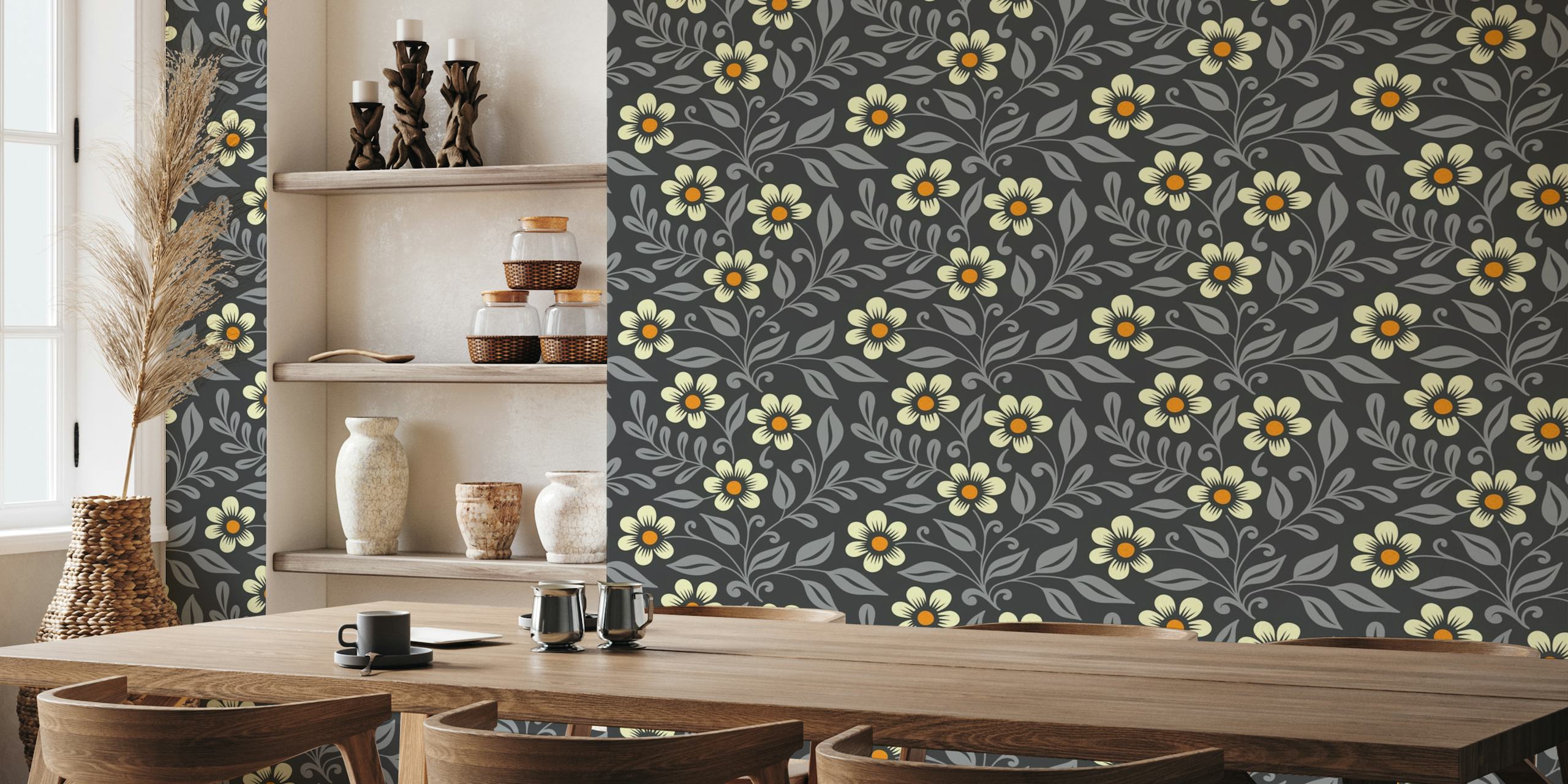 Hand-drawn wildflowers on grey background wall mural