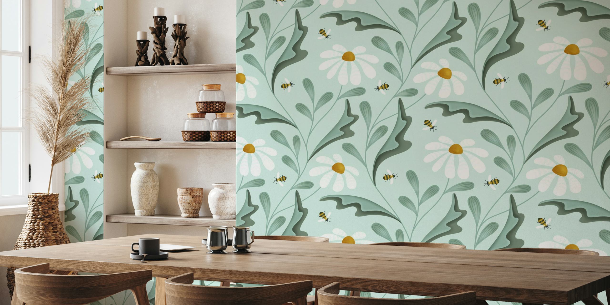 Illustration of bees and daisies on a pastel background for a wall mural