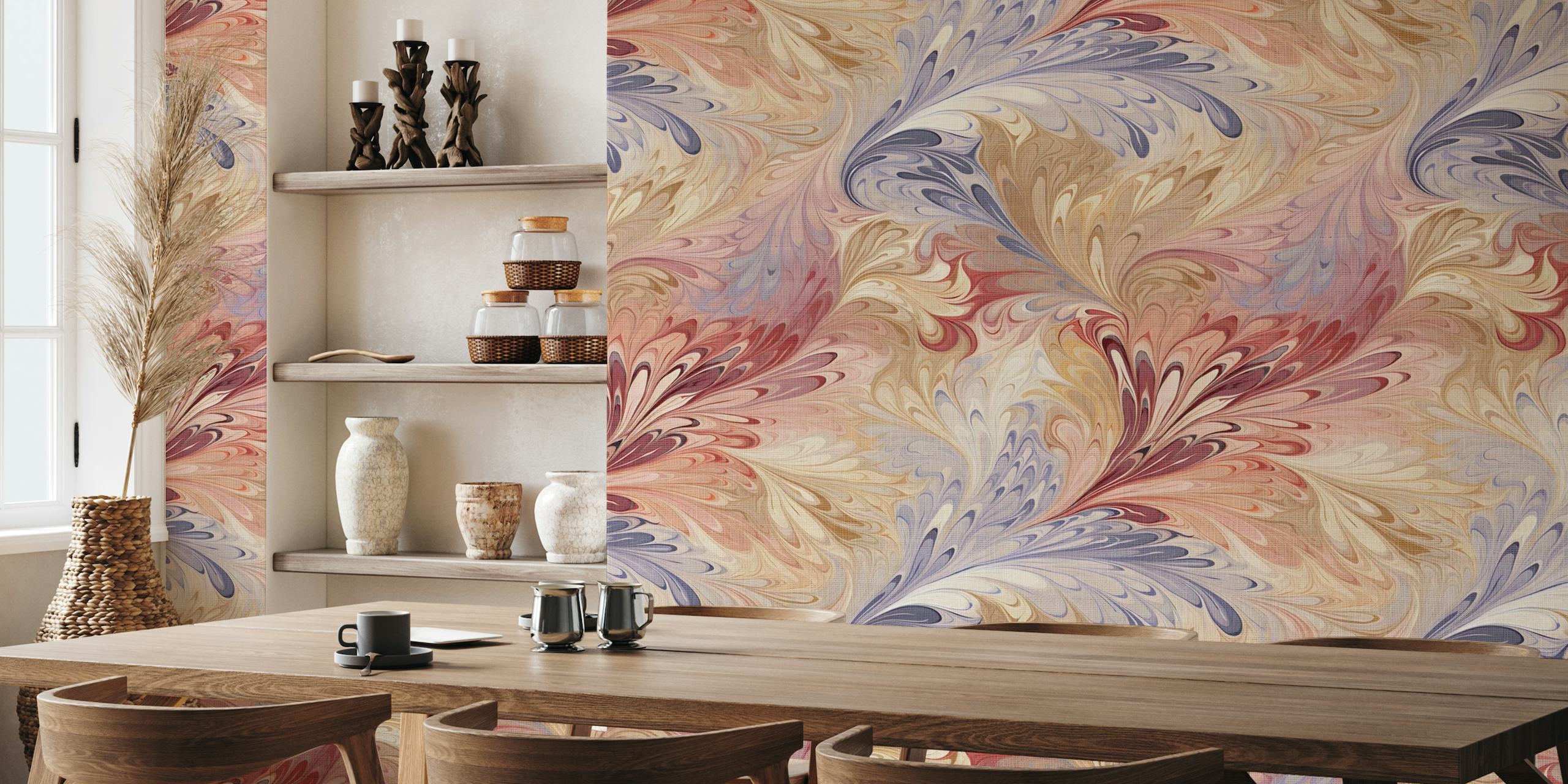 Italialainen marmoroitu paperikuvioinen seinämaalaus, jossa vaaleanpunaisia, sinisiä ja kermanvärisiä pyörteitä