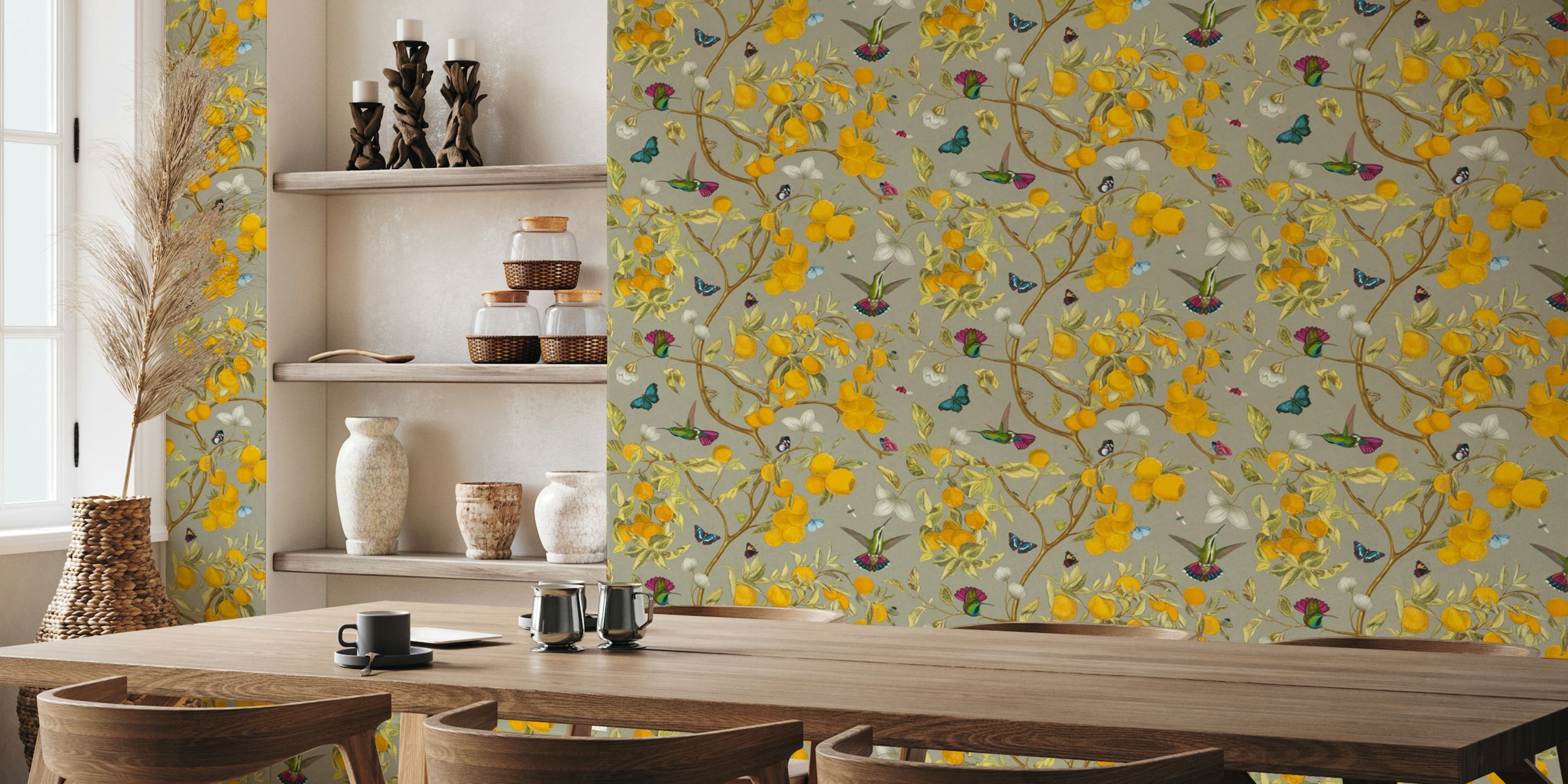 Hummingbirds, lemons and butterflies in taupe tapete