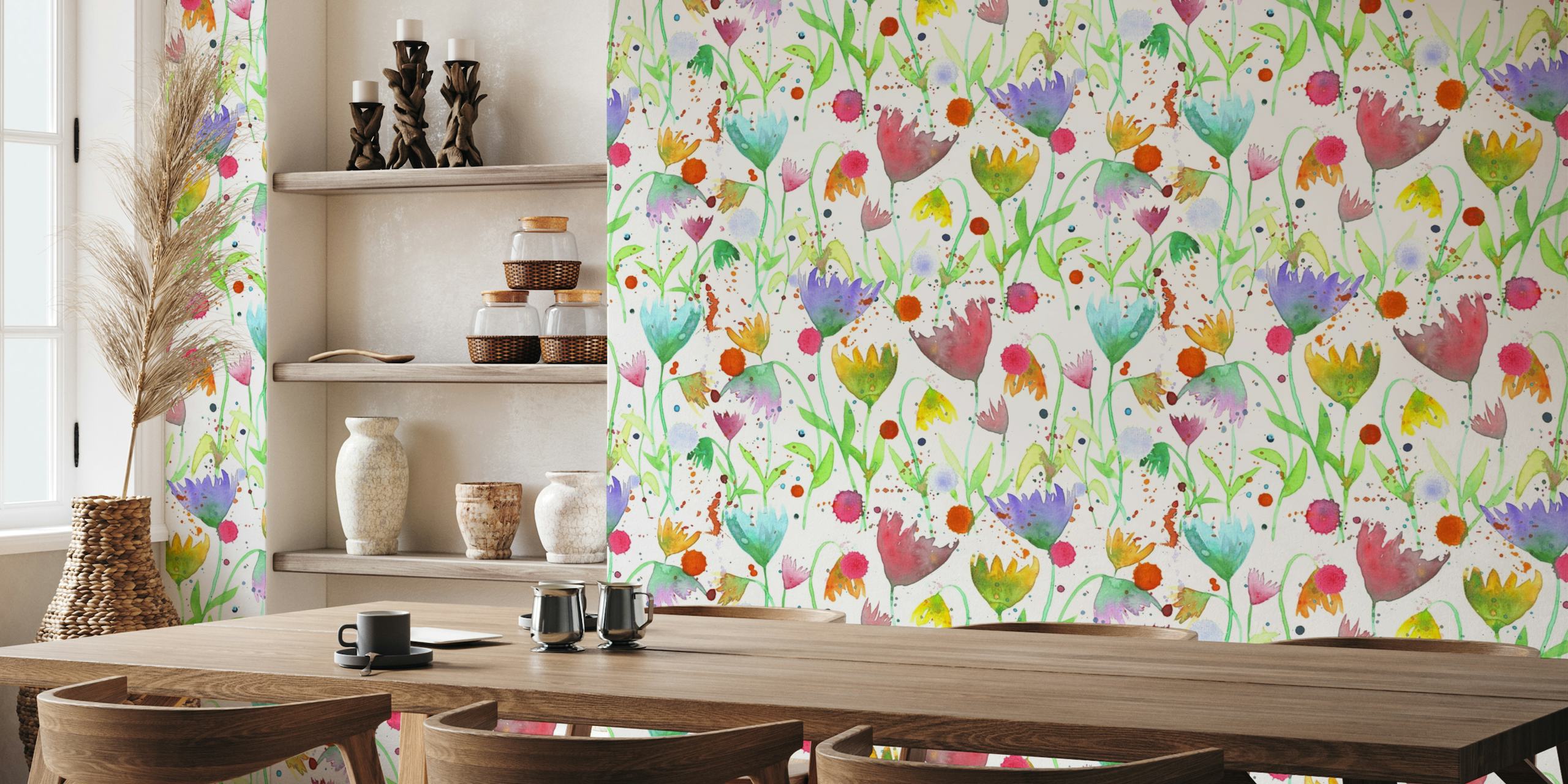 Colorful watercolor flowers wall mural for home decor