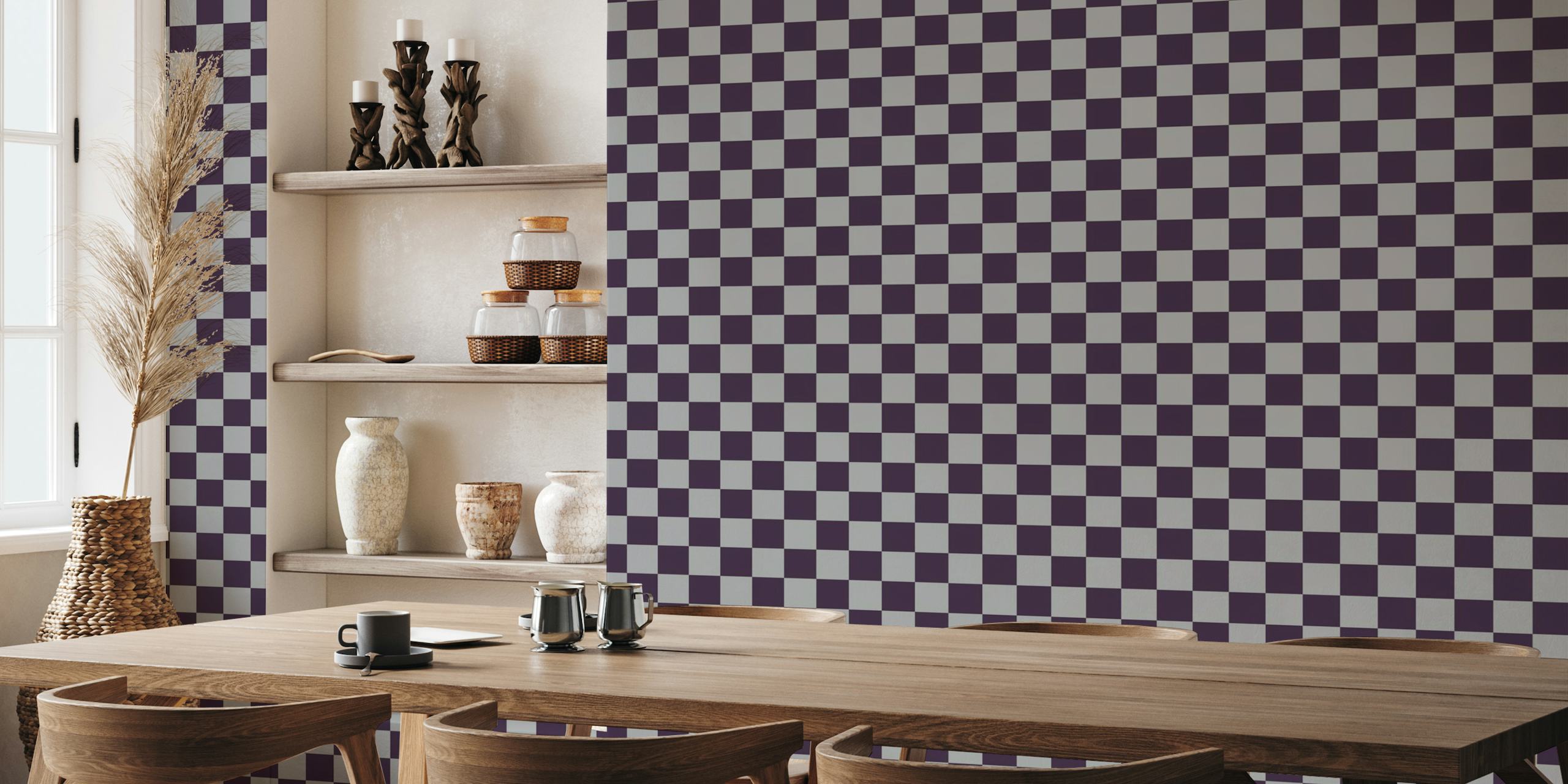 Checkerboard pattern wall mural in deep purple and gray